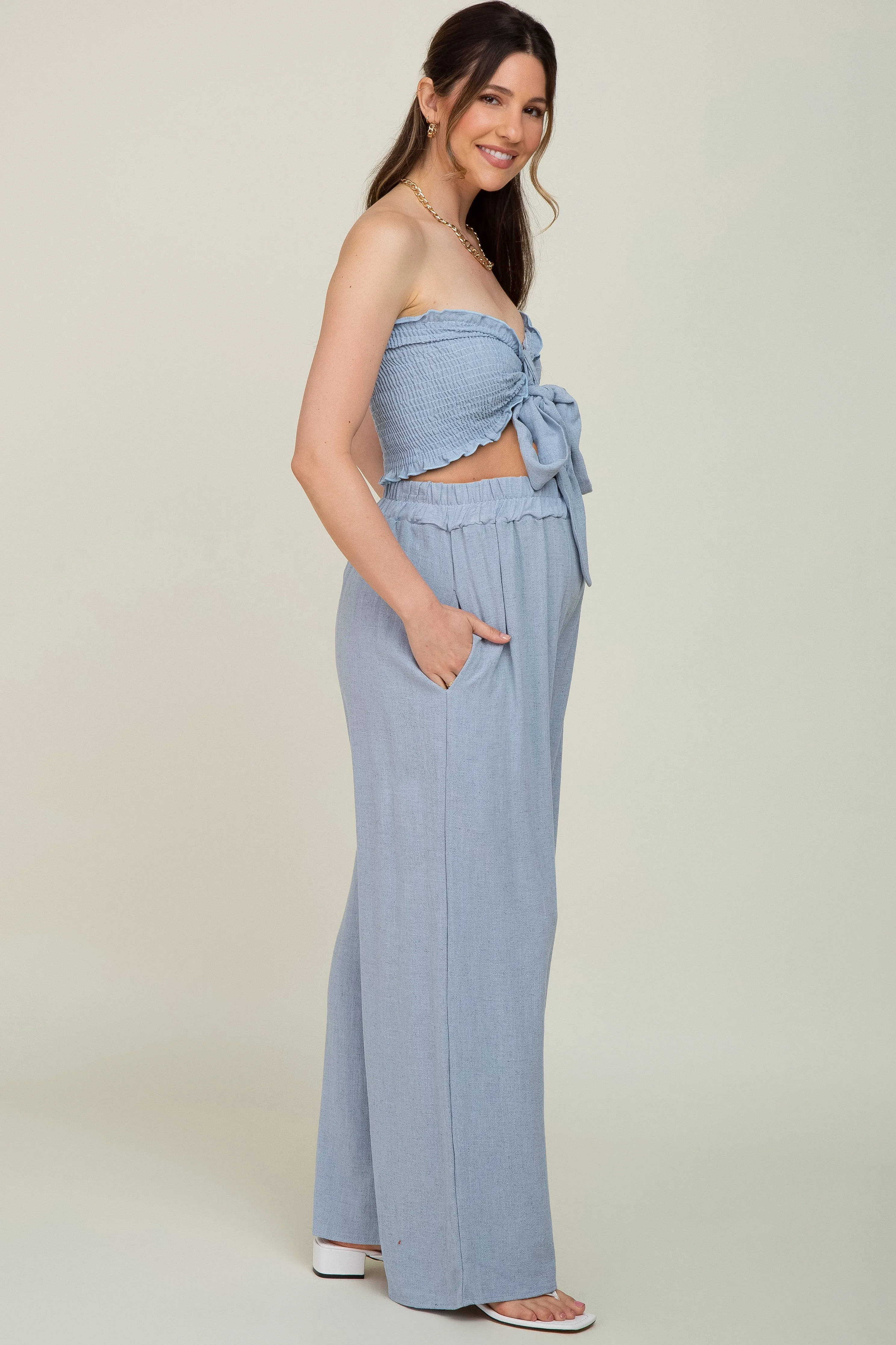 Light Blue Front Tie Crop Top and Pant Maternity Set sold by Pinkblush product image thumbnail 2