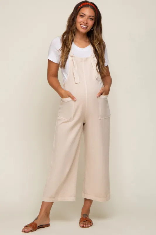Beige Front Pocket Cropped Maternity Overall sold by Pinkblush