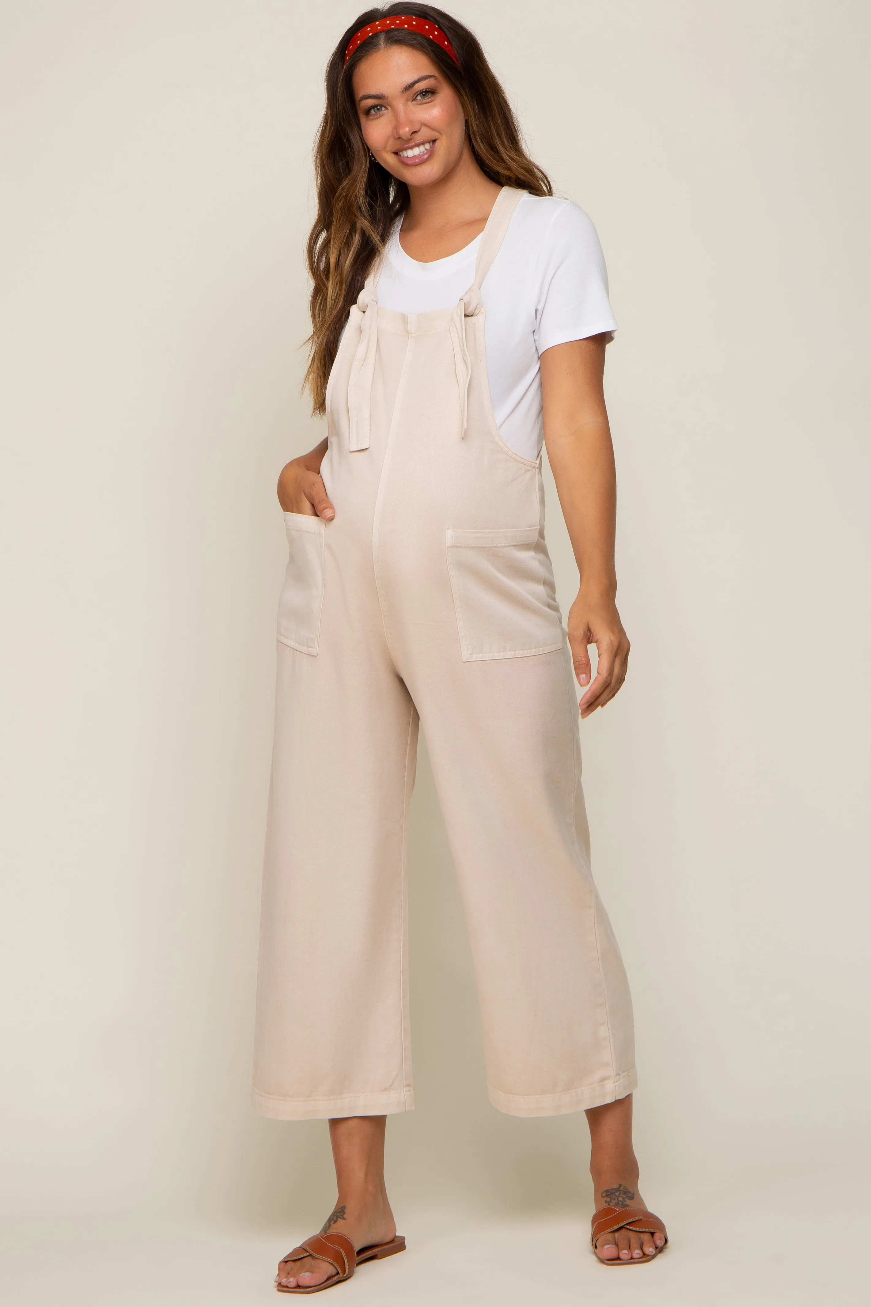 Beige Front Pocket Cropped Maternity Overall sold by Pinkblush product image thumbnail 5