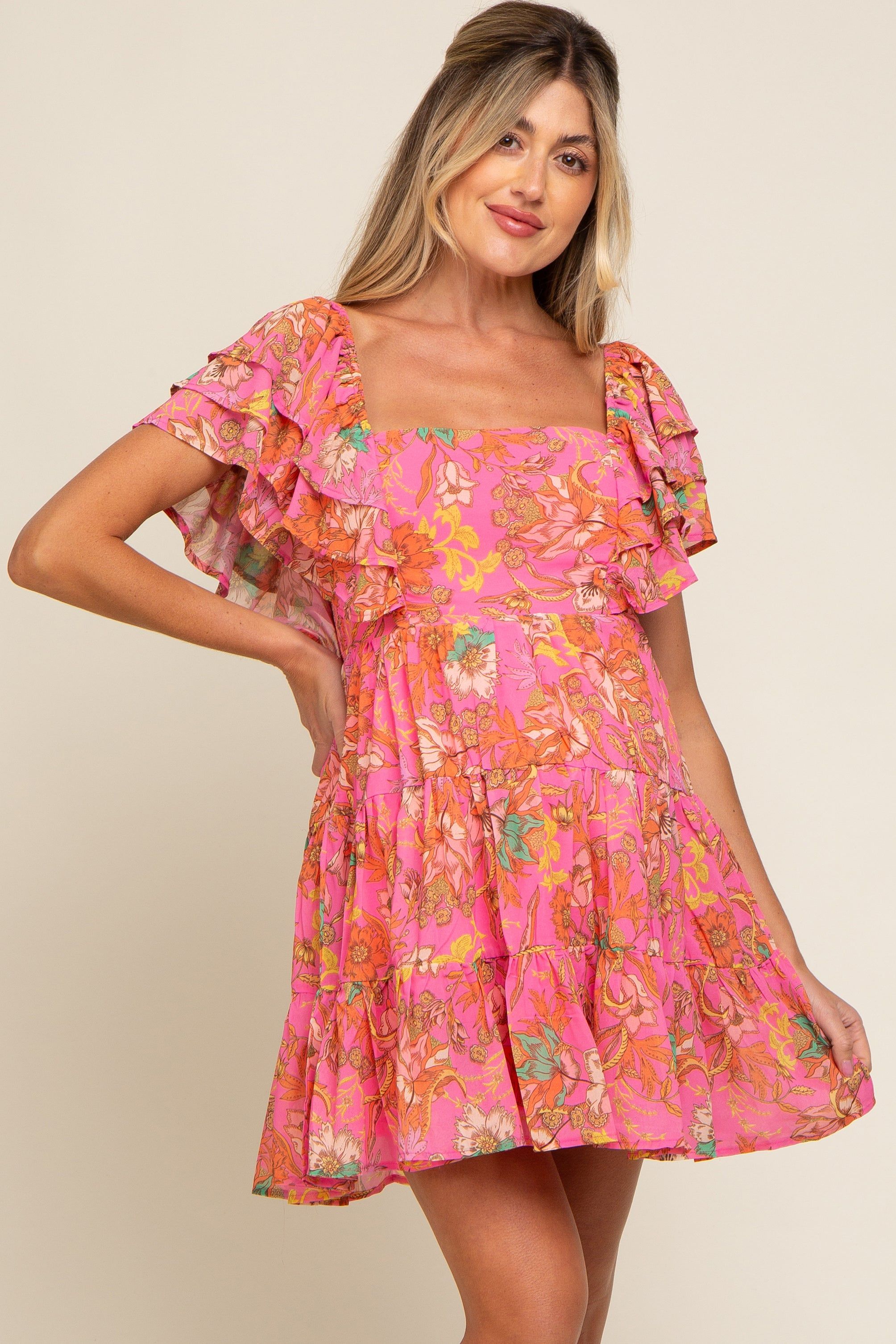 Fuchsia Floral Frill Sleeve Maternity Tiered Dress sold by Pinkblush product image thumbnail 2