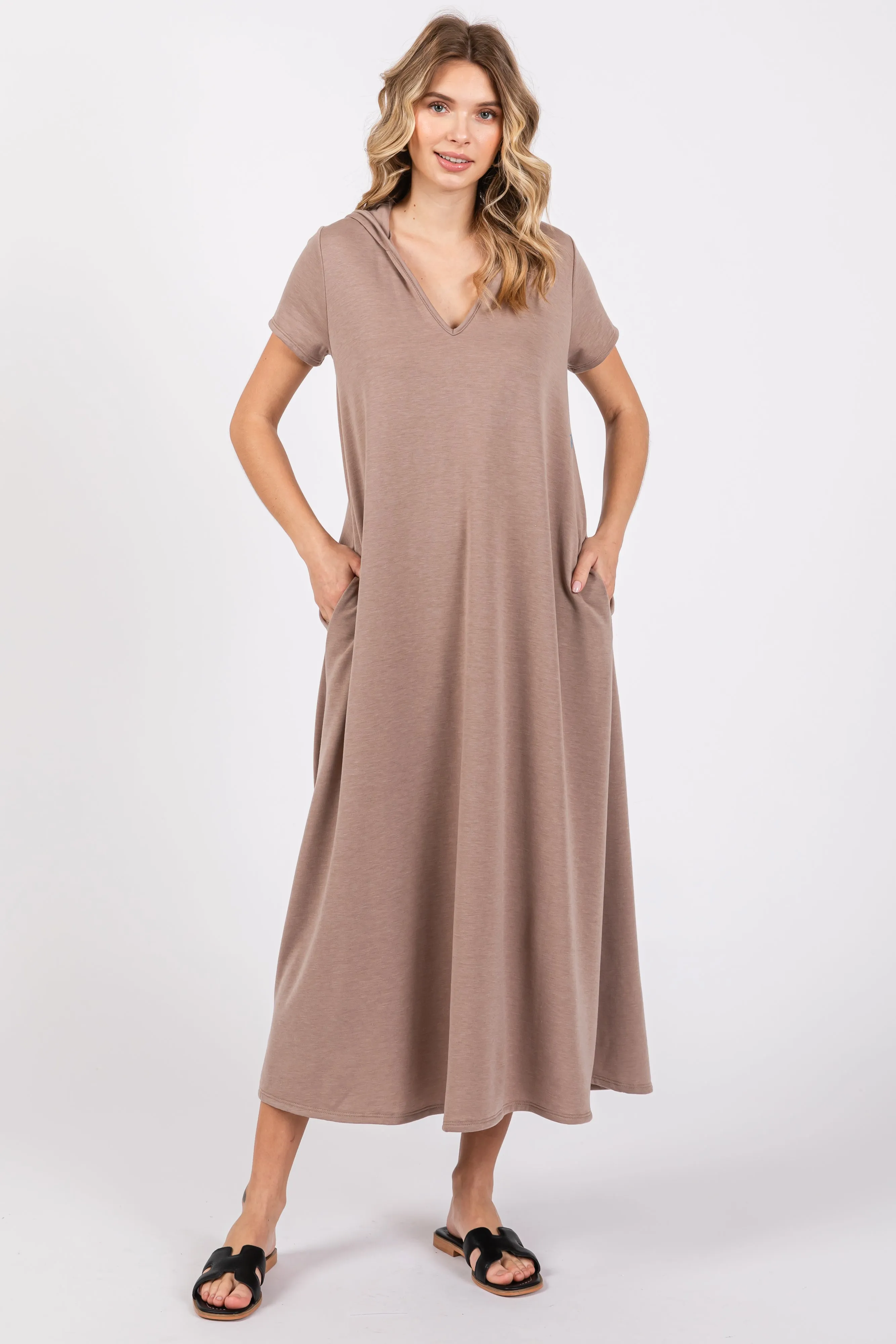 Mocha Fleece Hooded Maternity Midi Dress sold by Pinkblush product image thumbnail 4