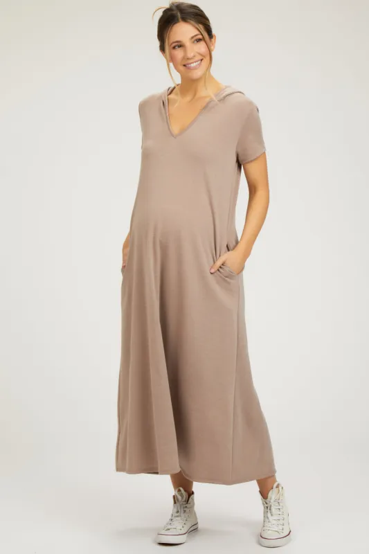 Mocha Fleece Hooded Maternity Midi Dress sold by Pinkblush
