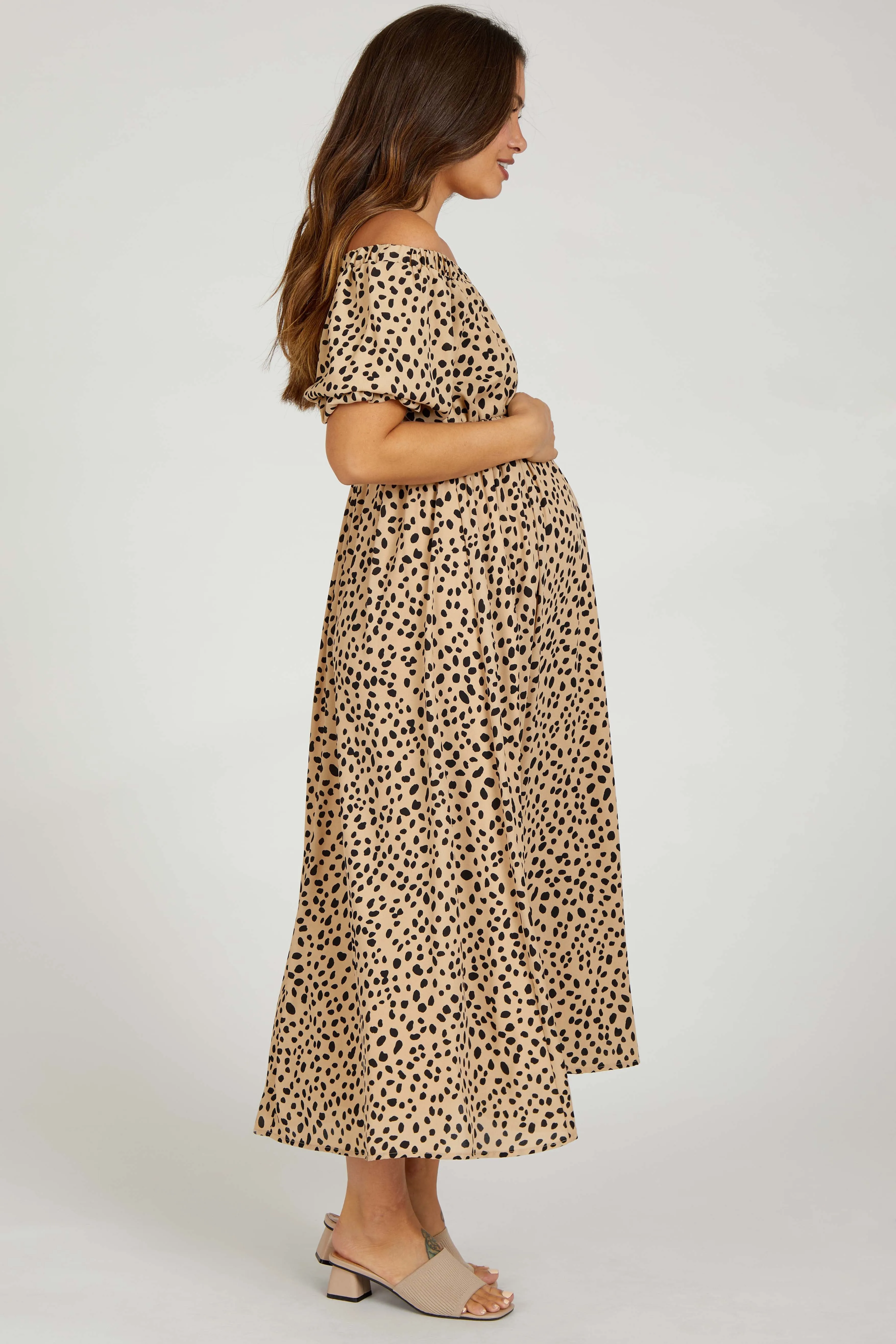 Taupe Printed Puff Short Sleeve Maternity Midi Dress sold by Pinkblush product image thumbnail 2