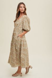 Camel Floral Puff Sleeve Midi Dress sold by Pinkblush