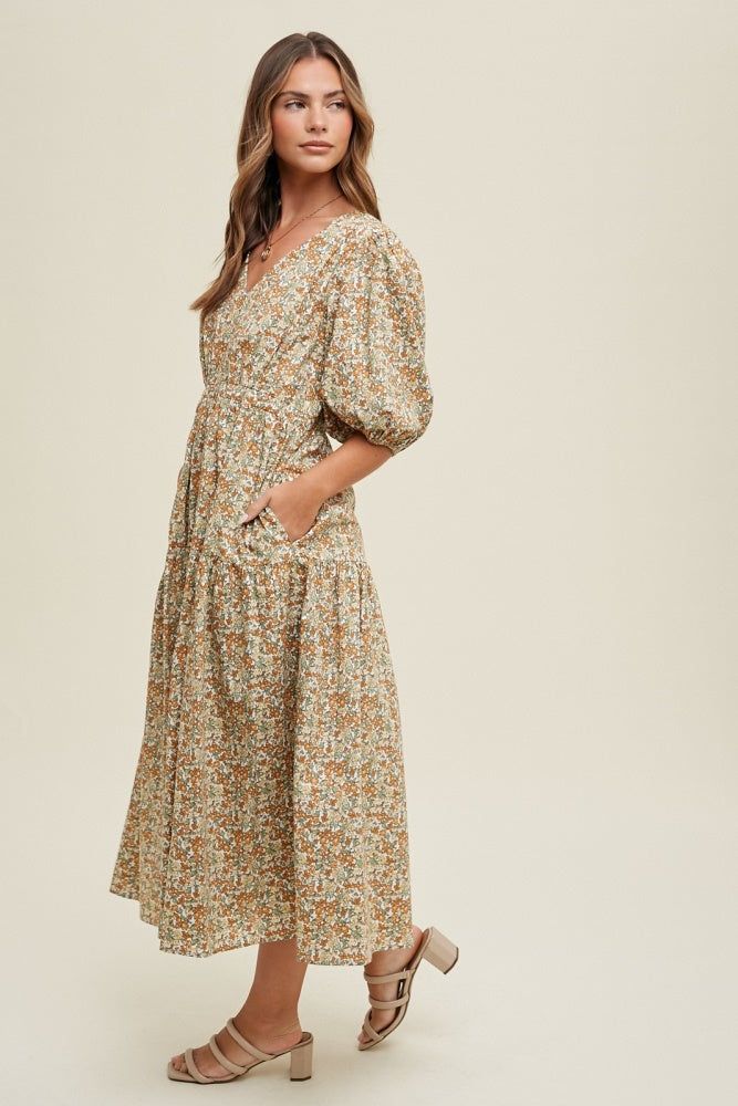 Camel Floral Puff Sleeve Midi Dress sold by Pinkblush product image thumbnail 2