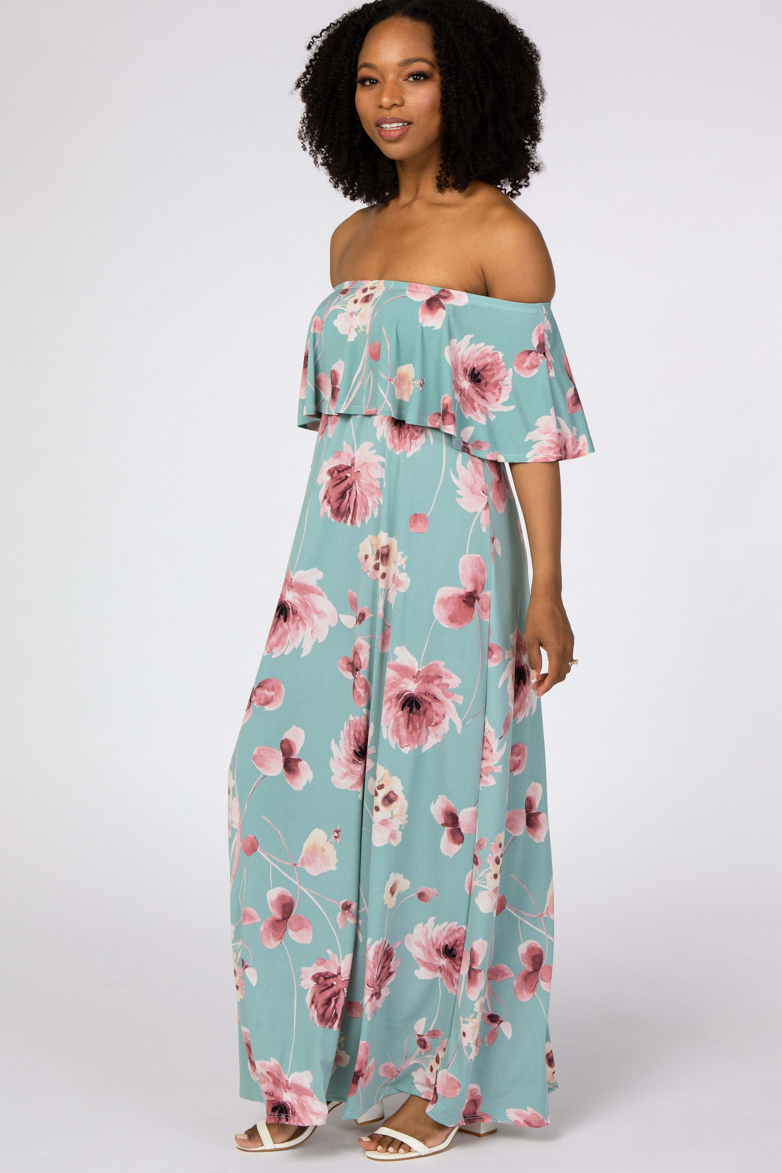 Mint Green Floral Off Shoulder Maxi Dress sold by Pinkblush product image thumbnail 2
