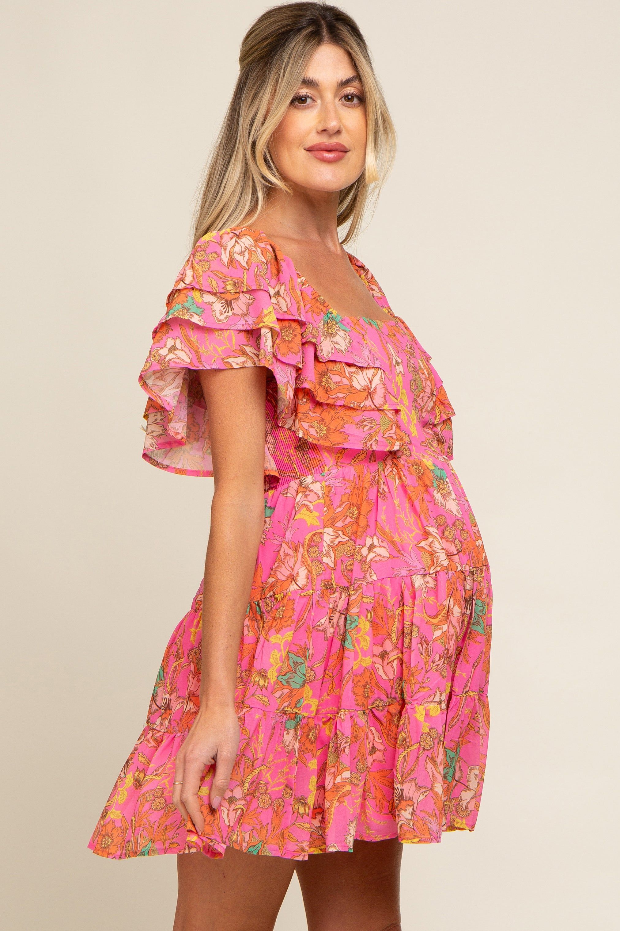 Fuchsia Floral Frill Sleeve Maternity Tiered Dress sold by Pinkblush product image thumbnail 3