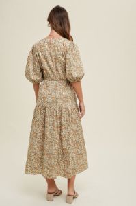 Camel Floral Puff Sleeve Midi Dress sold by Pinkblush