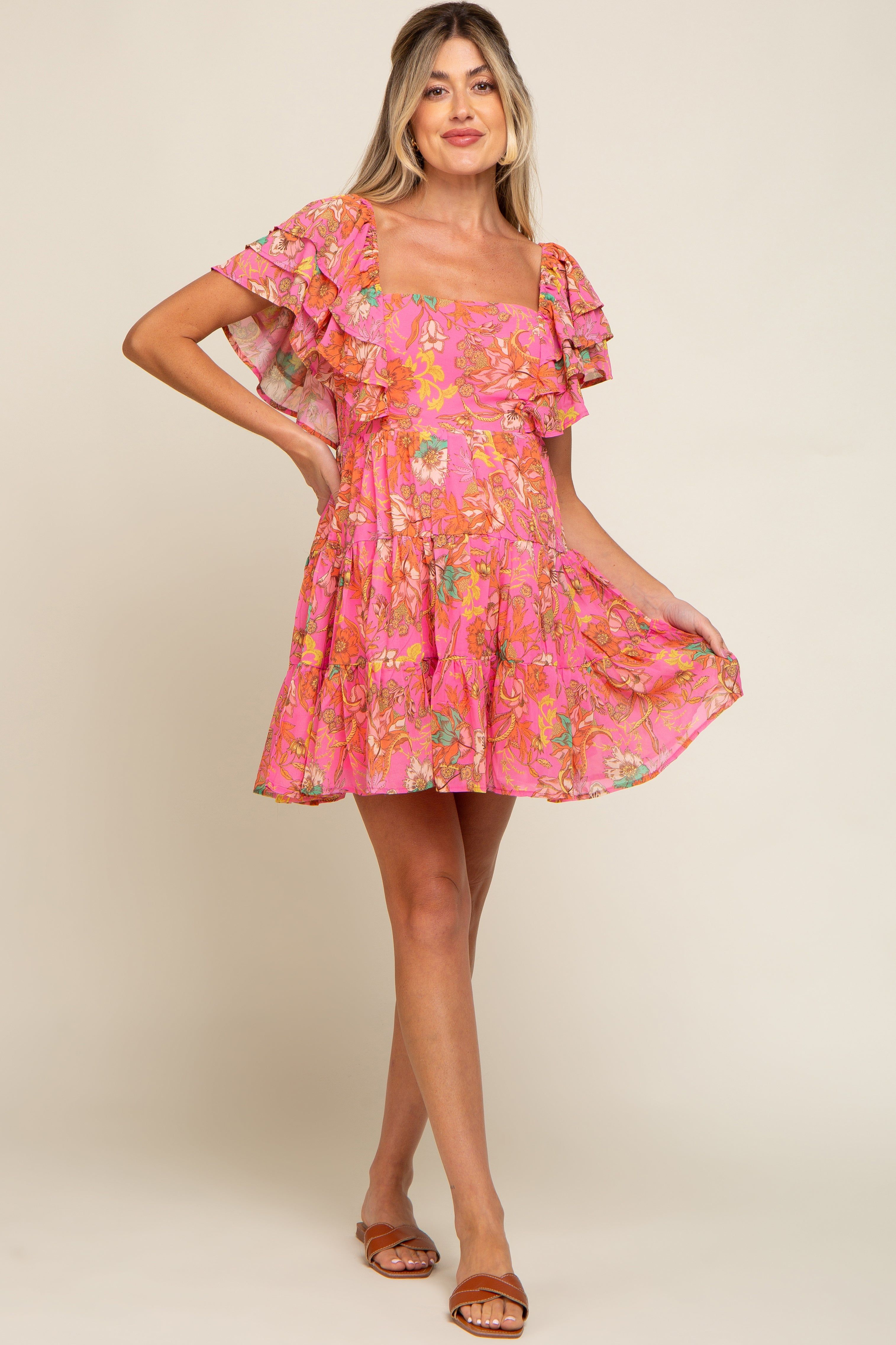 Fuchsia Floral Frill Sleeve Maternity Tiered Dress sold by Pinkblush