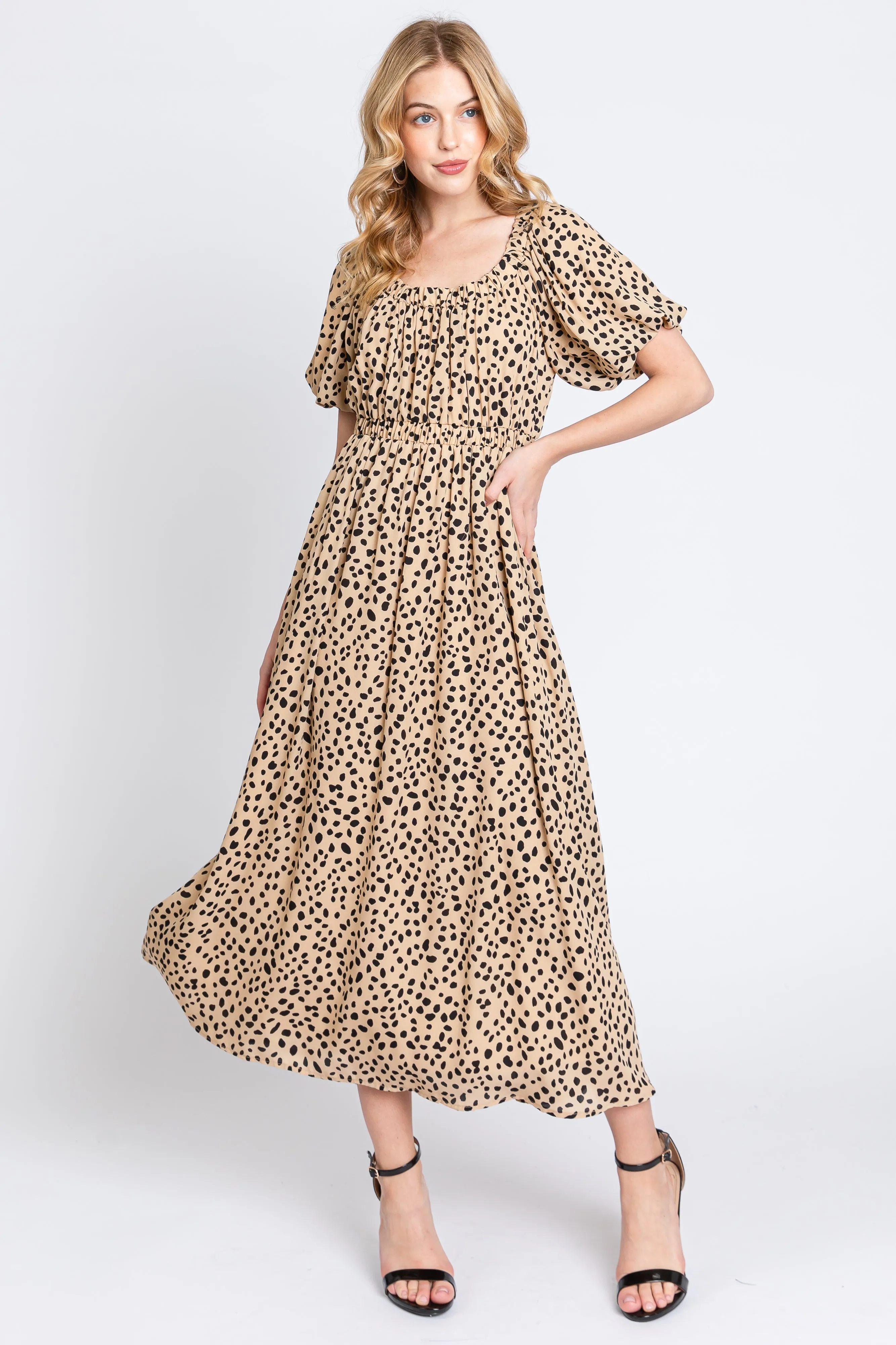 Taupe Printed Puff Short Sleeve Maternity Midi Dress sold by Pinkblush product image thumbnail 4