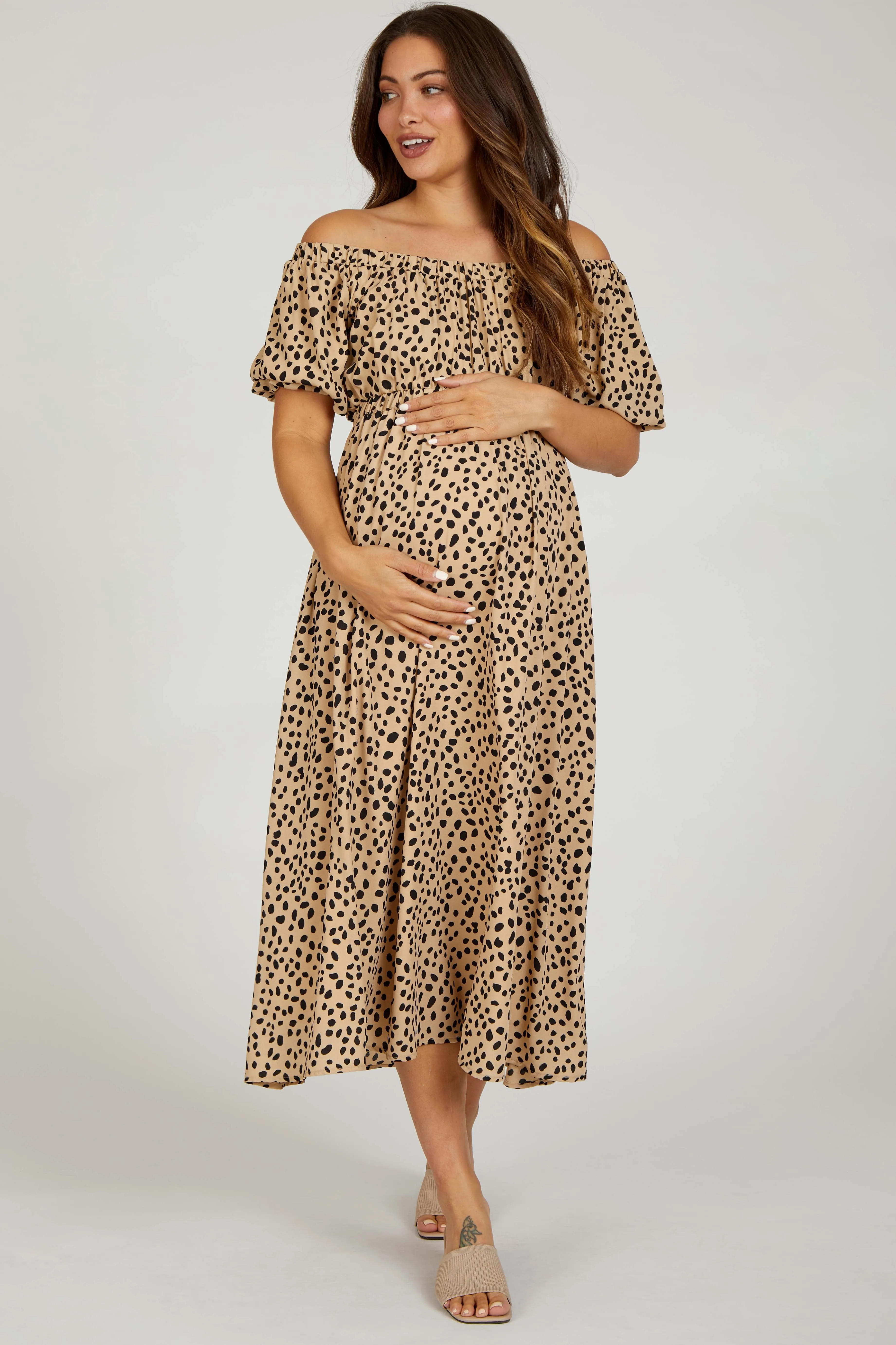 Taupe Printed Puff Short Sleeve Maternity Midi Dress sold by Pinkblush