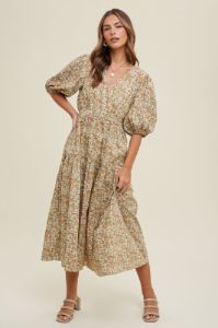 Camel Floral Puff Sleeve Midi Dress sold by Pinkblush