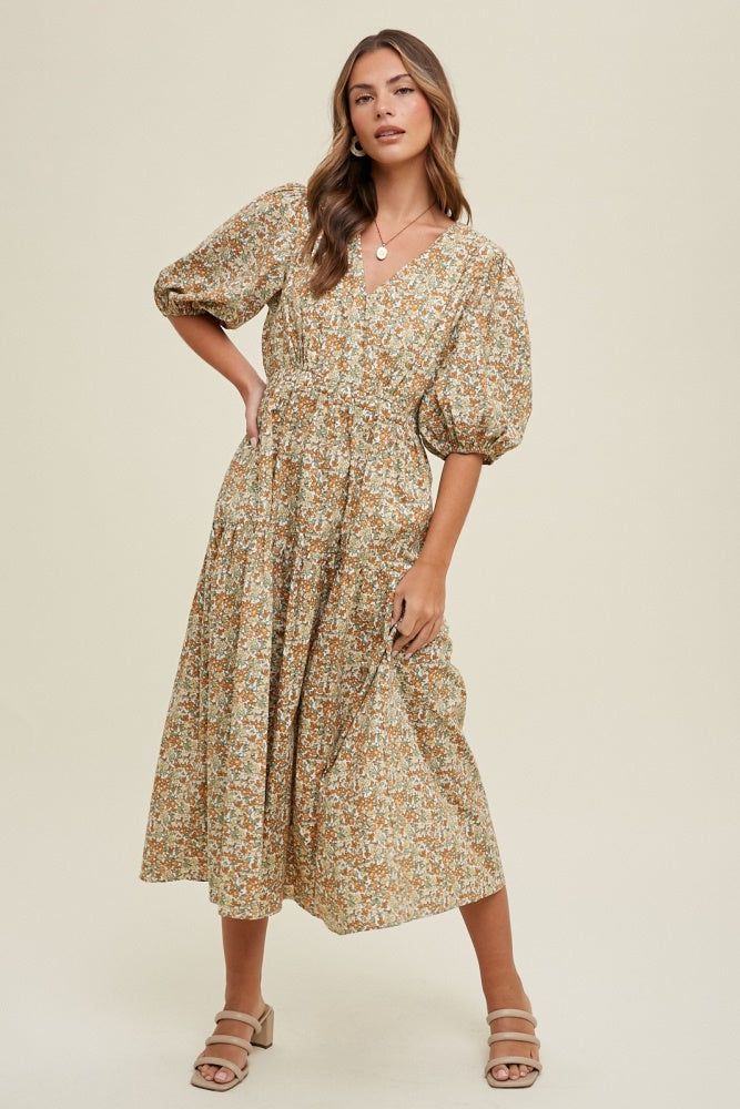 Camel Floral Puff Sleeve Midi Dress sold by Pinkblush product image thumbnail 4