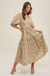 Camel Floral Puff Sleeve Midi Dress sold by Pinkblush