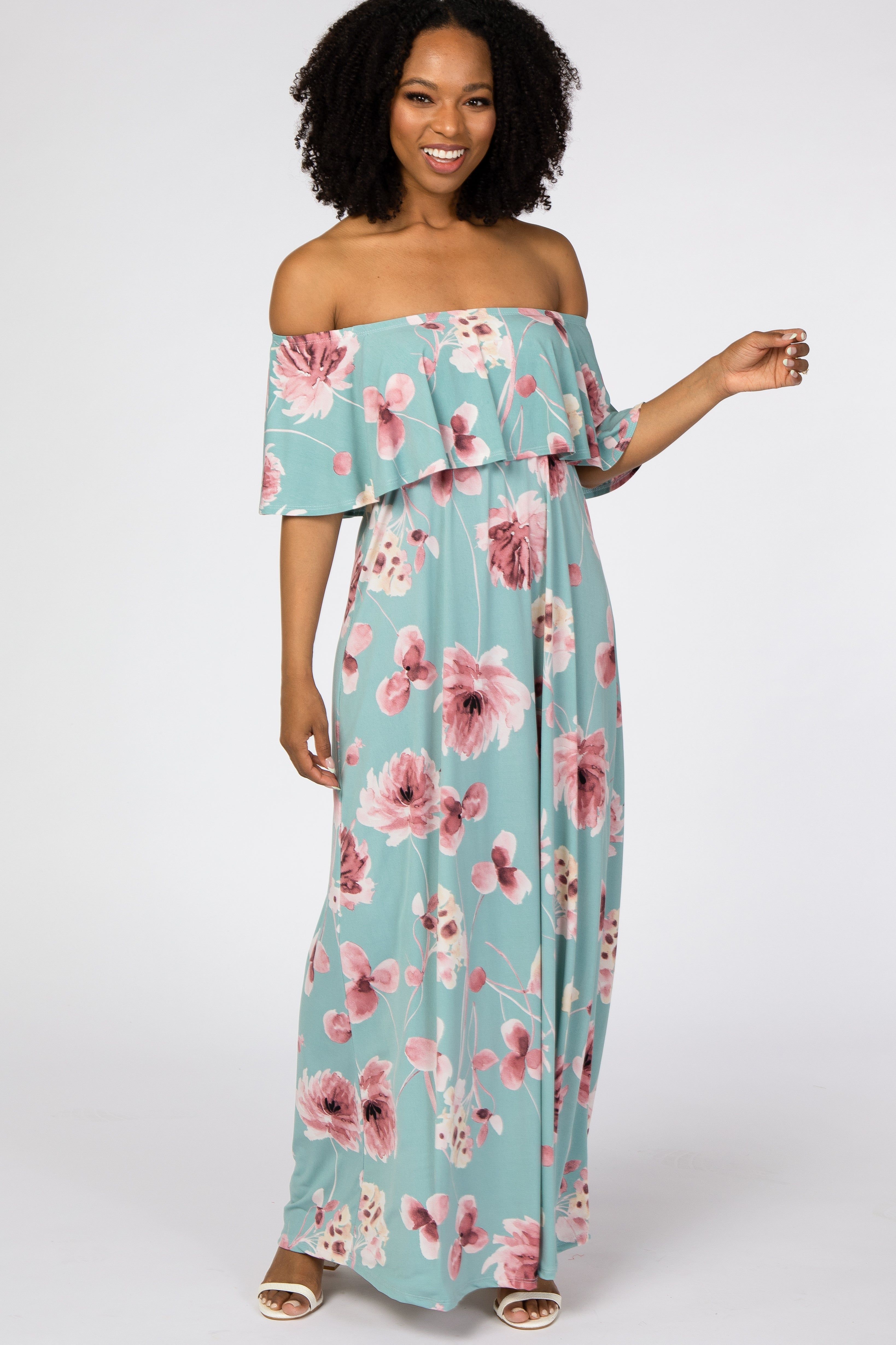 Mint Green Floral Off Shoulder Maxi Dress sold by Pinkblush