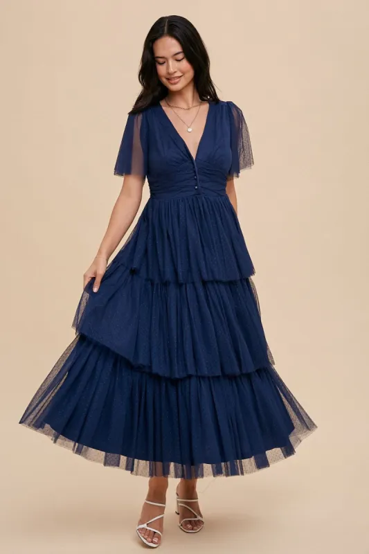 Midnight Swiss Dot Mesh Tiered Dress sold by Pinkblush