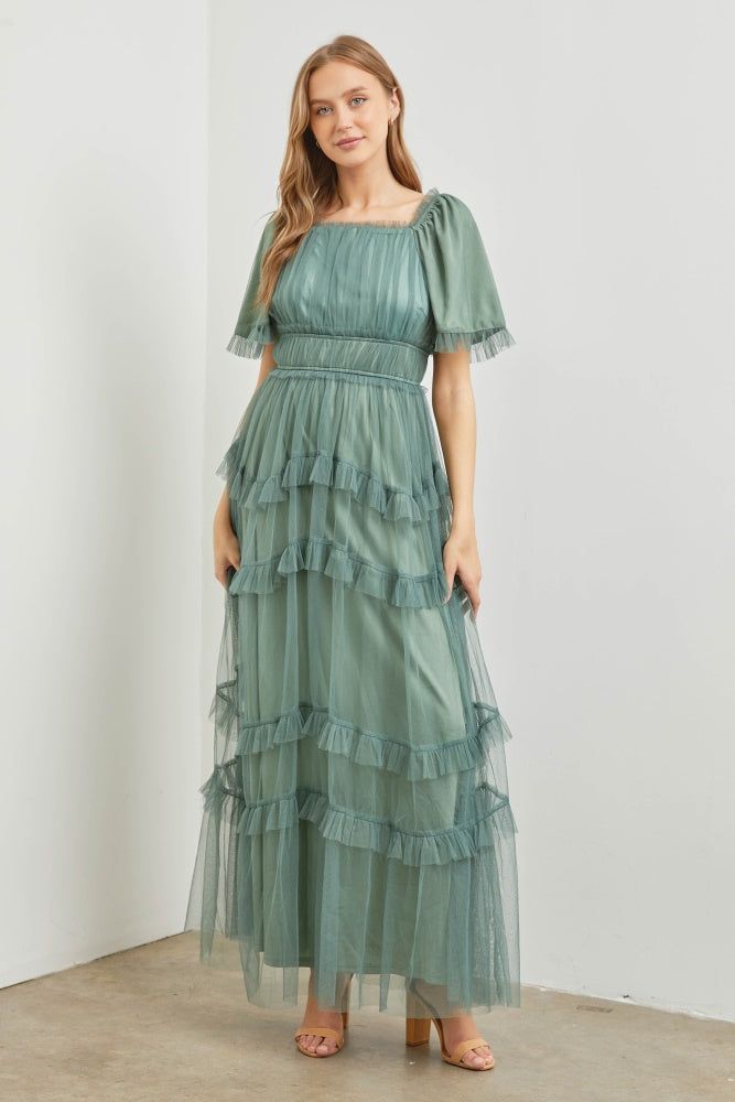 Dusty Teal Tulle Maxi Dress sold by Pinkblush