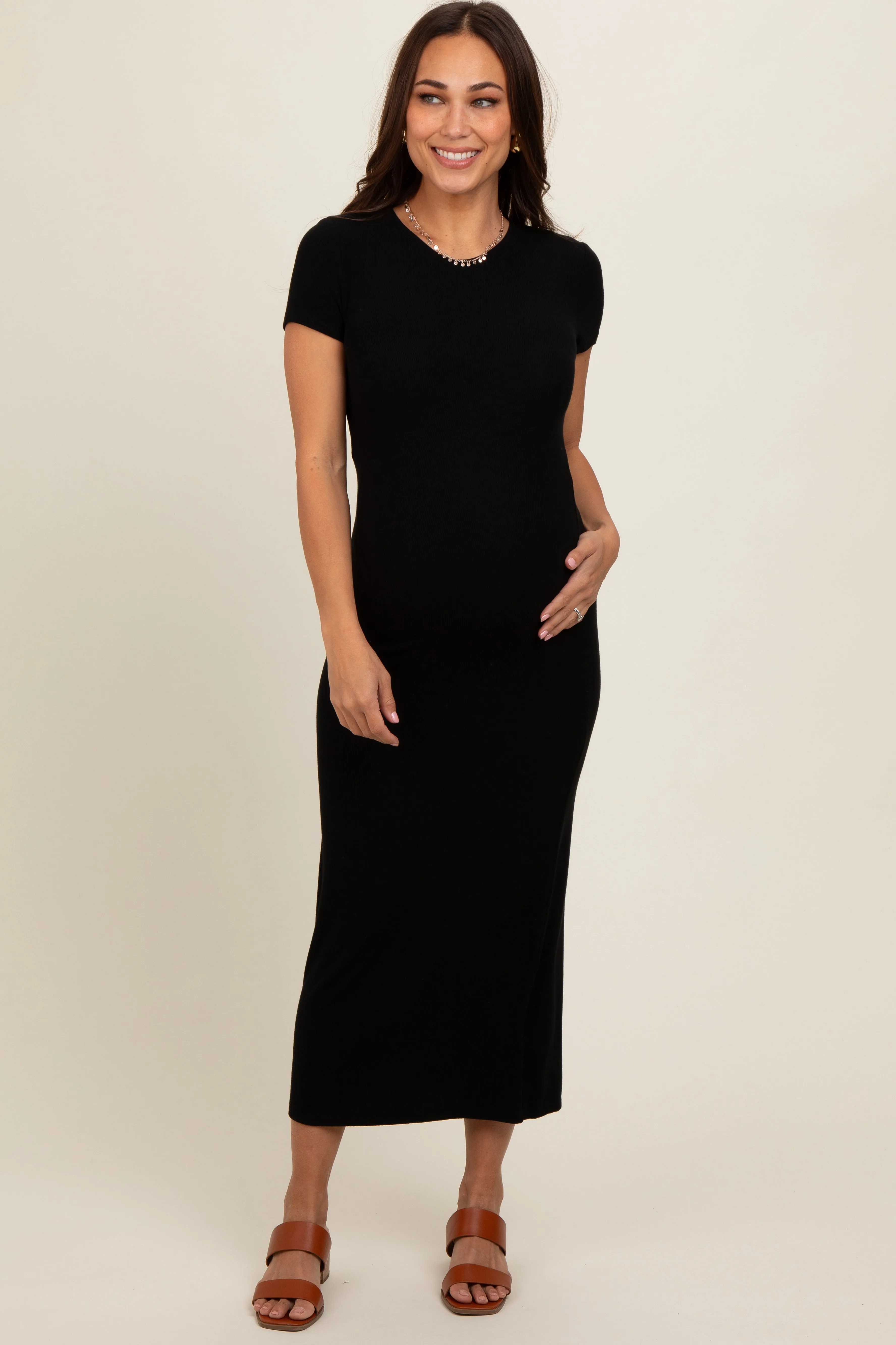 Black Rib Knit Back Slit Maternity Dress sold by Pinkblush