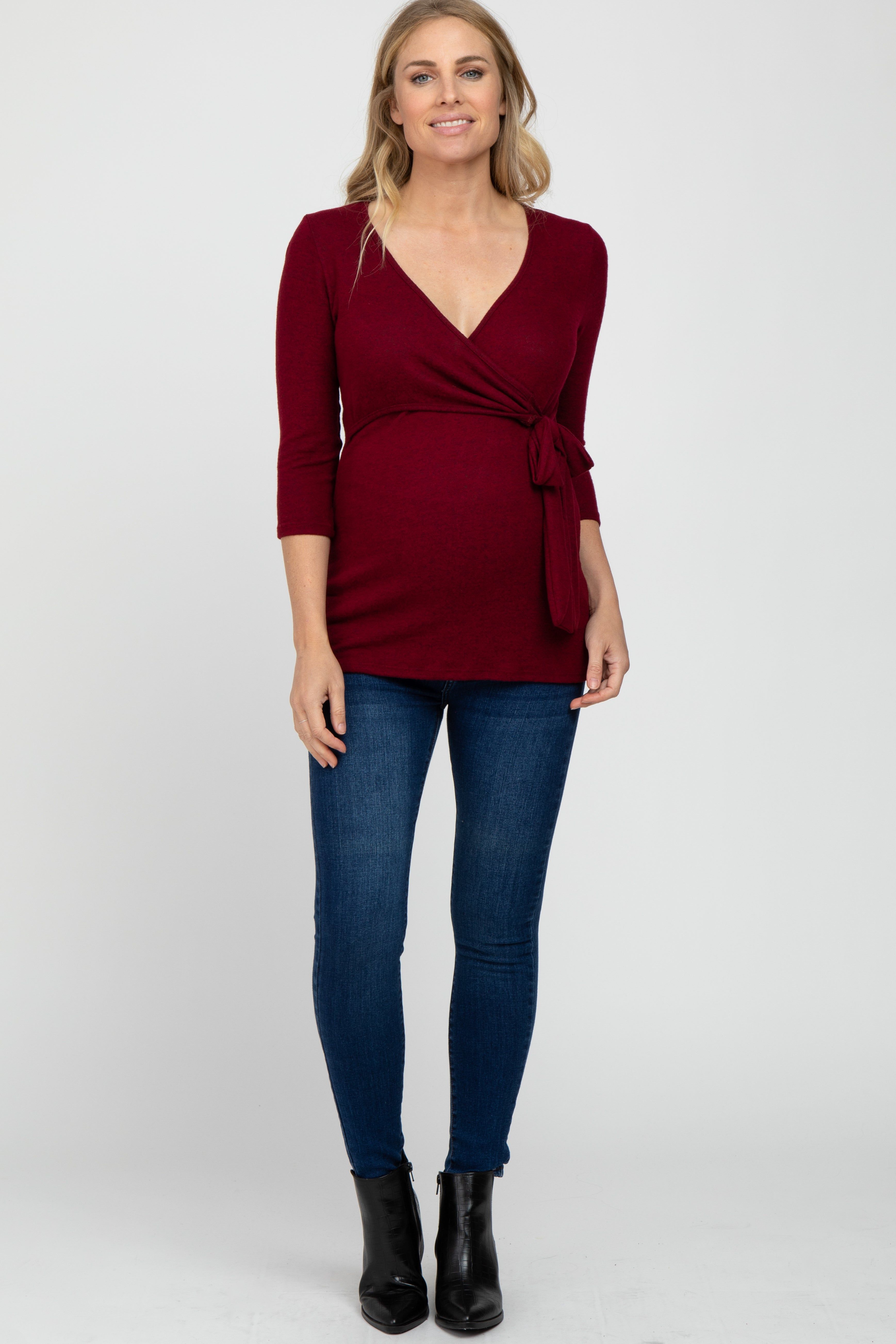 Burgundy Brushed Knit Maternity Wrap Top sold by Pinkblush product image thumbnail 2