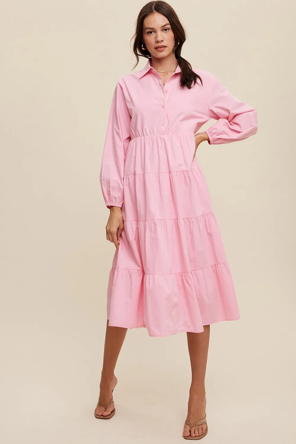 Pink Tiered Collared Midi Dress sold by Pinkblush product image thumbnail 4