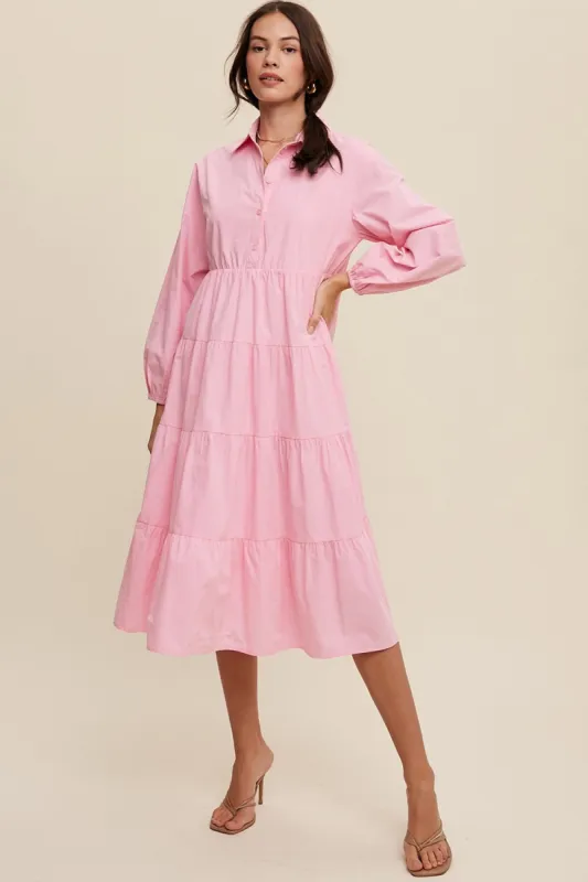 Pink Tiered Collared Midi Dress sold by Pinkblush
