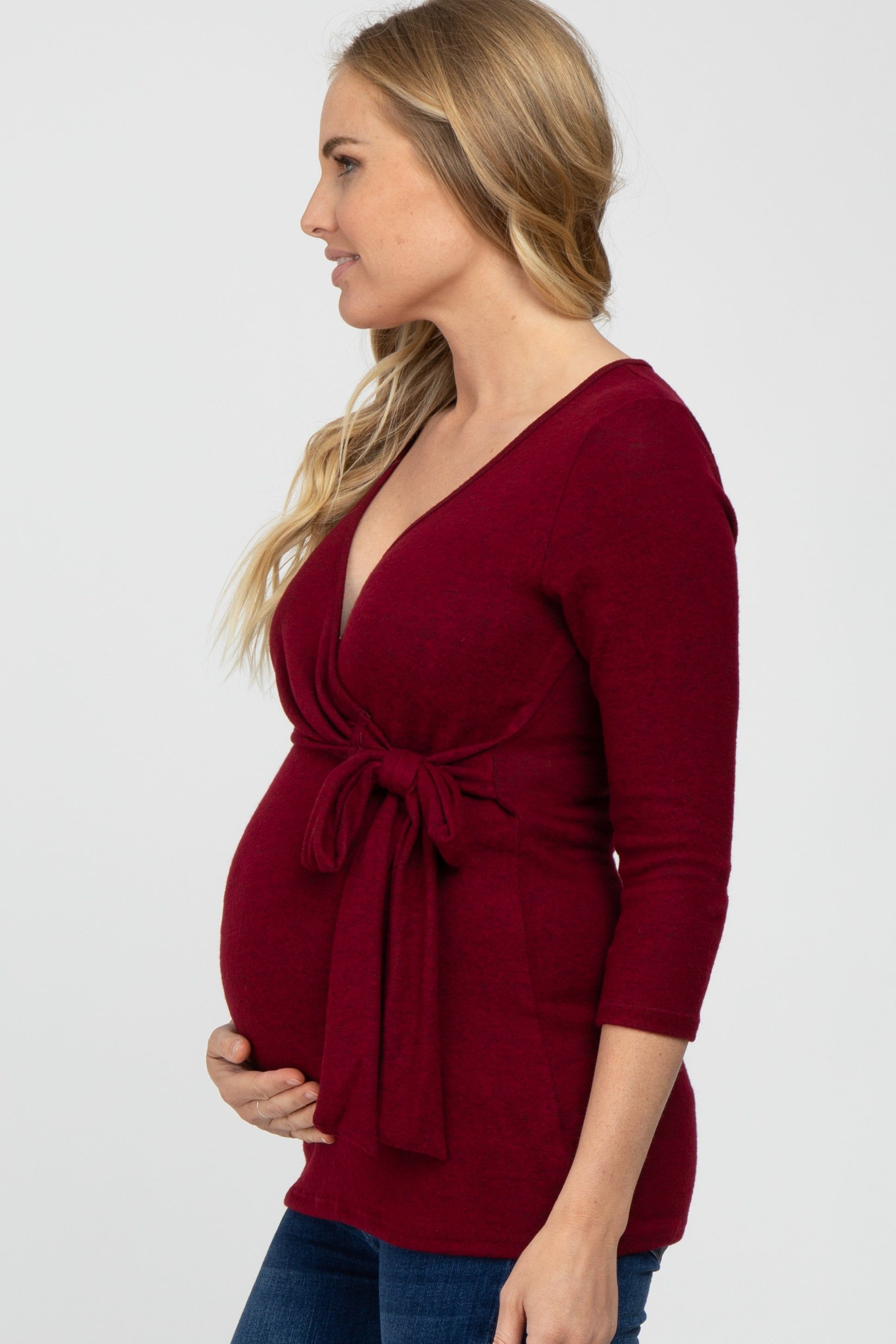 Burgundy Brushed Knit Maternity Wrap Top sold by Pinkblush product image thumbnail 3