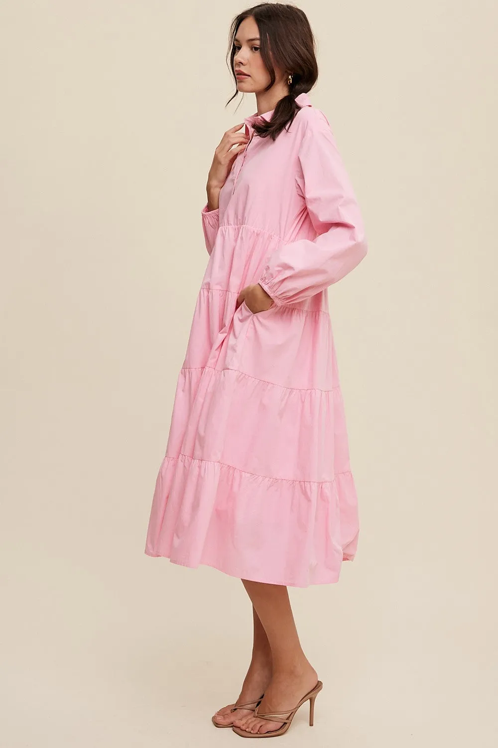 Pink Tiered Collared Midi Dress sold by Pinkblush product image thumbnail 2
