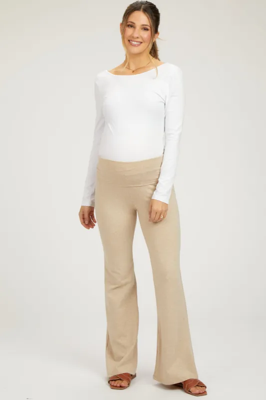 Beige Heathered Flare Leg Fold Over Maternity Leggings sold by Pinkblush
