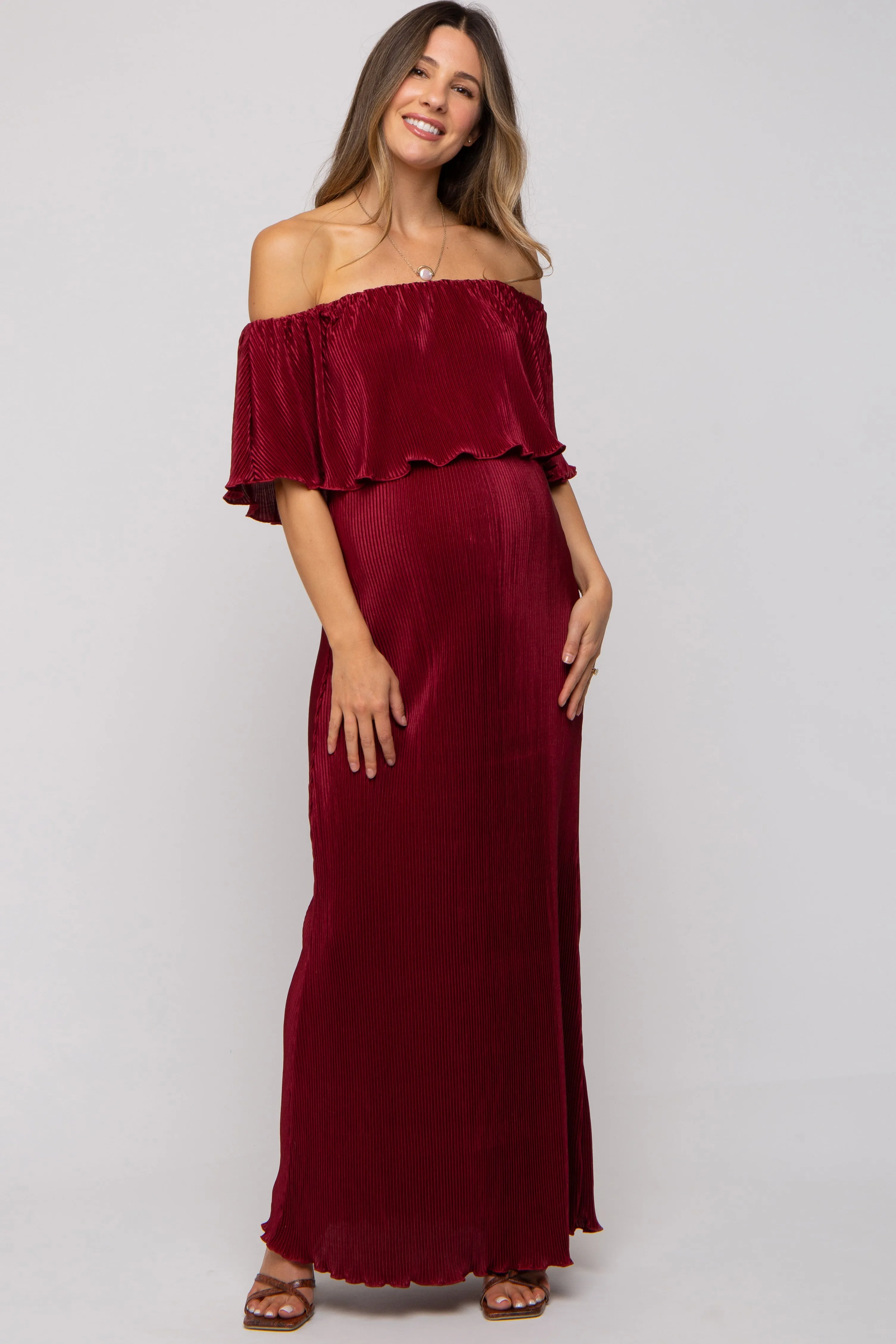 Burgundy Pleated Ruffle Off Shoulder Maternity Maxi Dress sold by Pinkblush