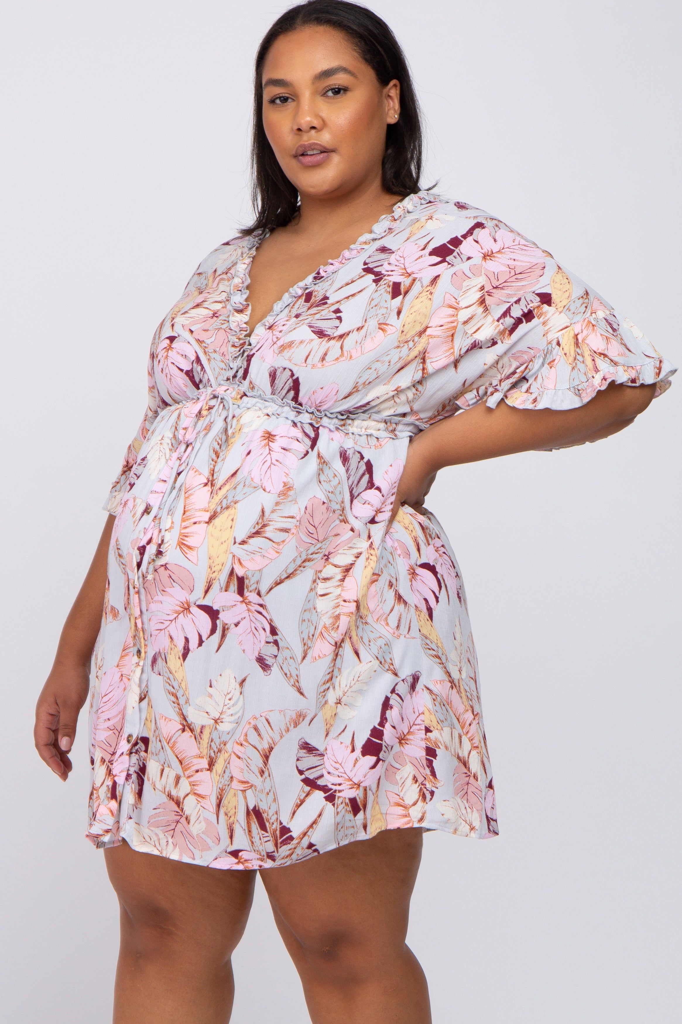 Grey Floral Button Down Ruffle Plus Maternity Dress sold by Pinkblush product image thumbnail 2