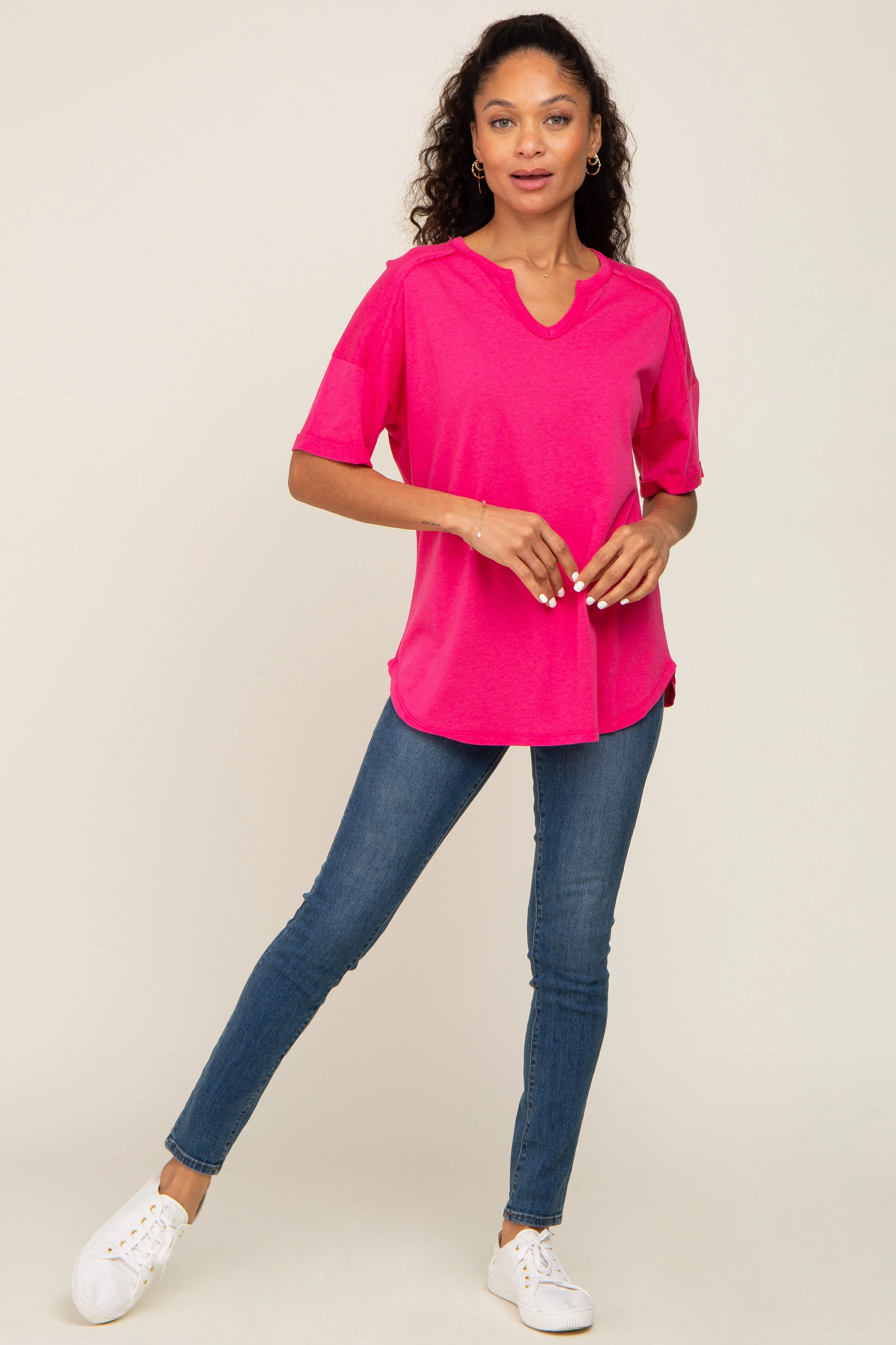 Fuchsia Oversized V-Neck Cuffed Short Sleeve Tee sold by Pinkblush product image thumbnail 4