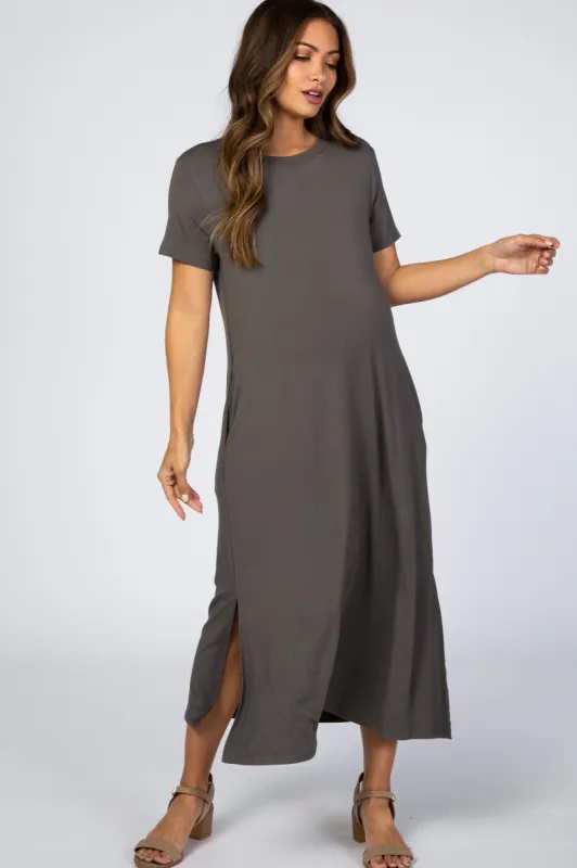Charcoal Side Slit Maternity Midi Dress sold by Pinkblush