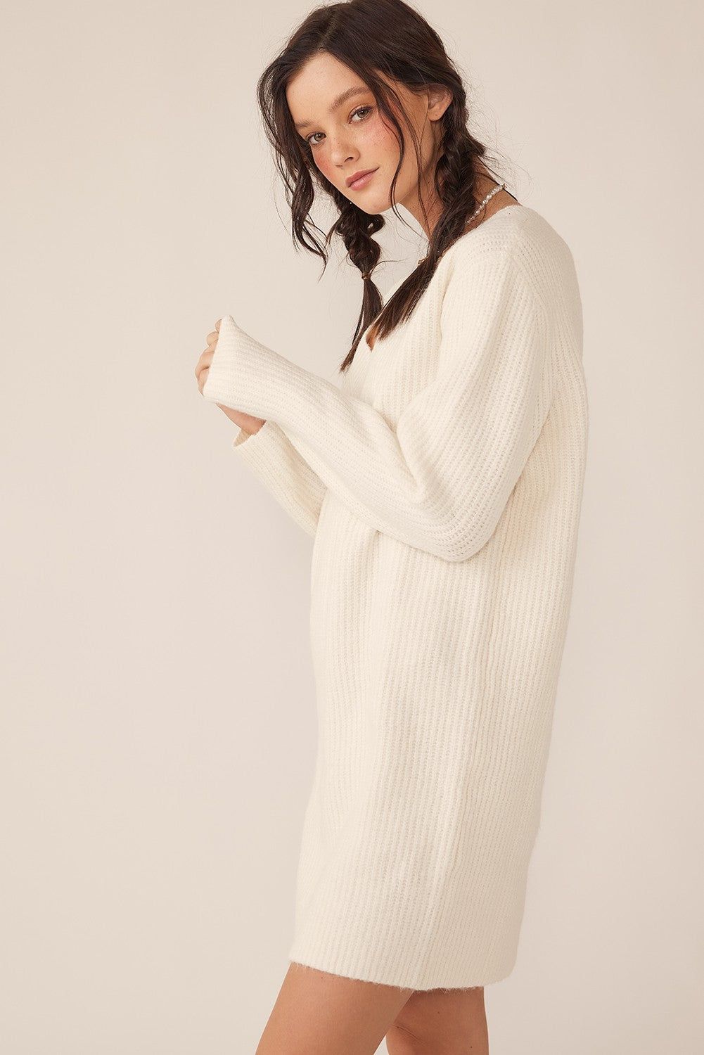 Ivory V-Neck Oversized Sweater Dress sold by Pinkblush product image thumbnail 2