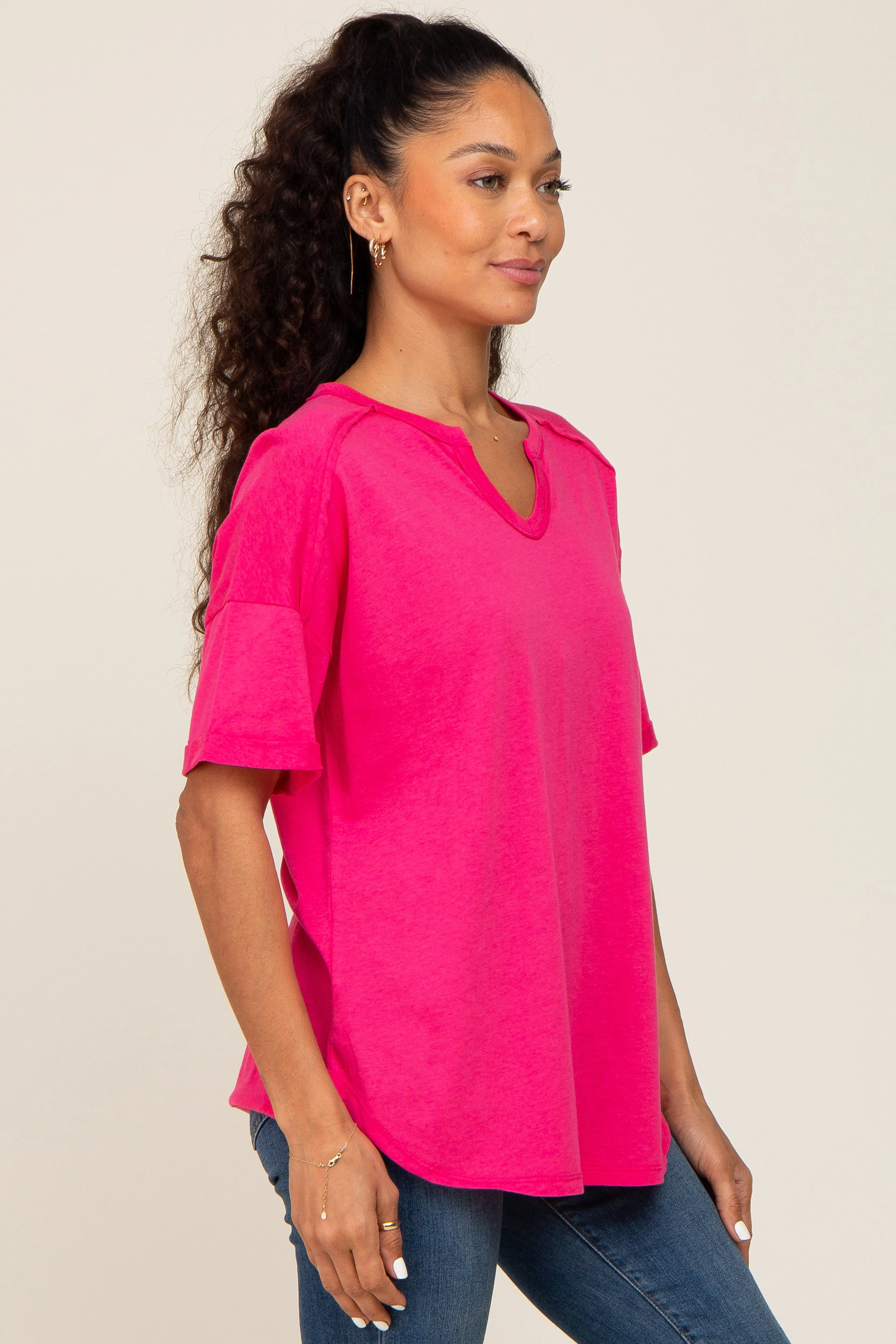 Fuchsia Oversized V-Neck Cuffed Short Sleeve Tee sold by Pinkblush product image thumbnail 2