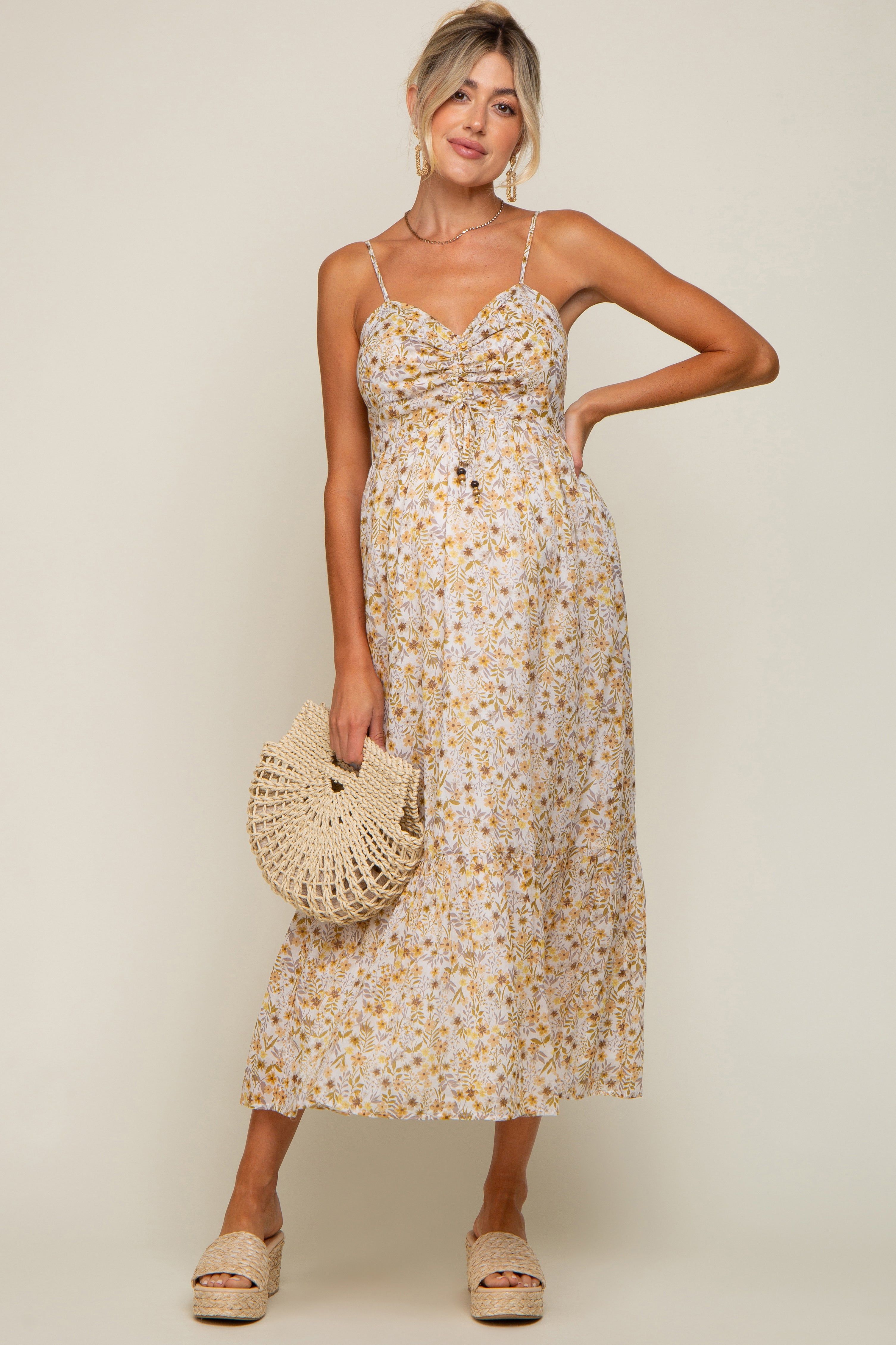 Cream Floral Cinched Top A-Line Maternity Maxi Dress sold by Pinkblush