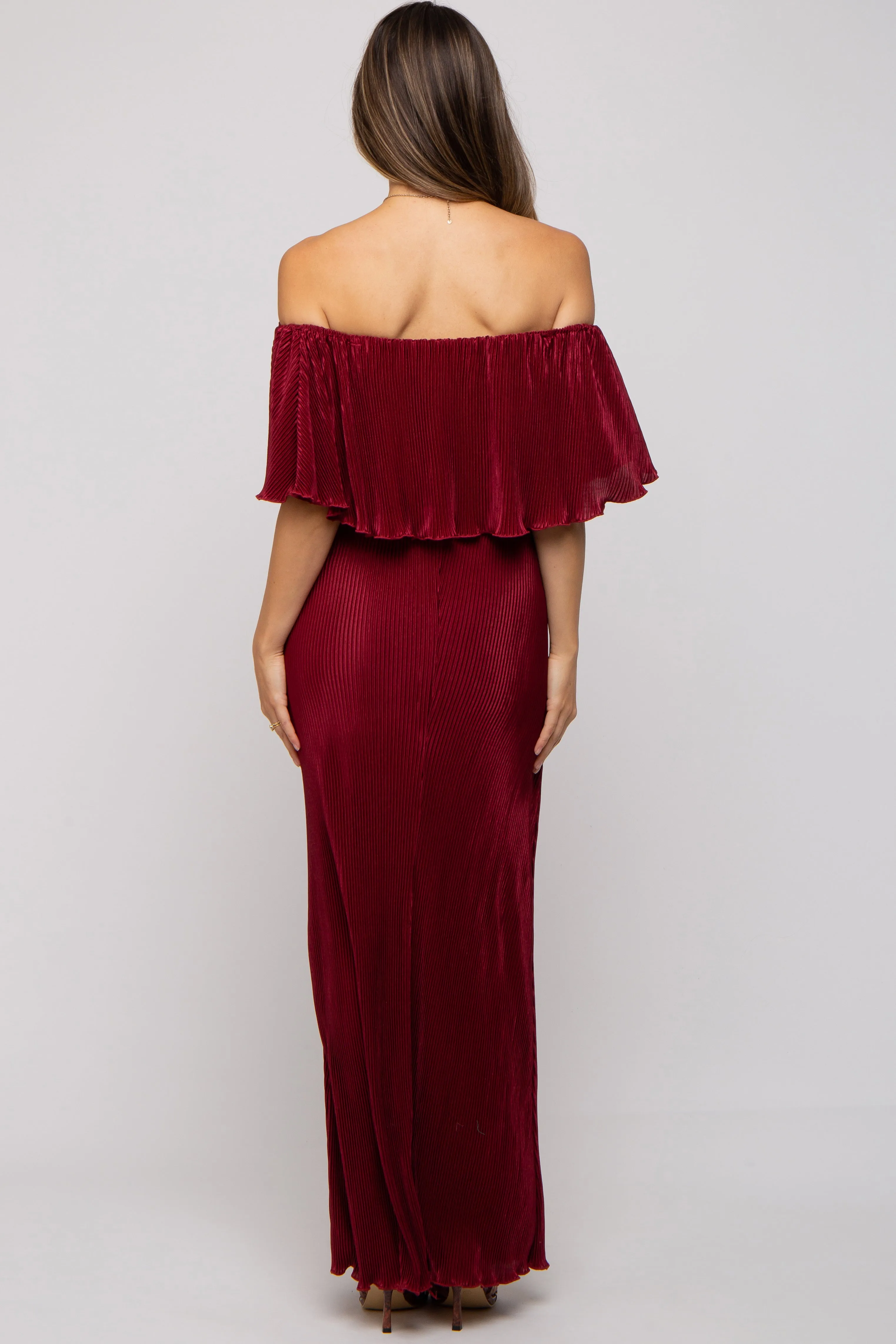 Burgundy Pleated Ruffle Off Shoulder Maternity Maxi Dress sold by Pinkblush product image thumbnail 3