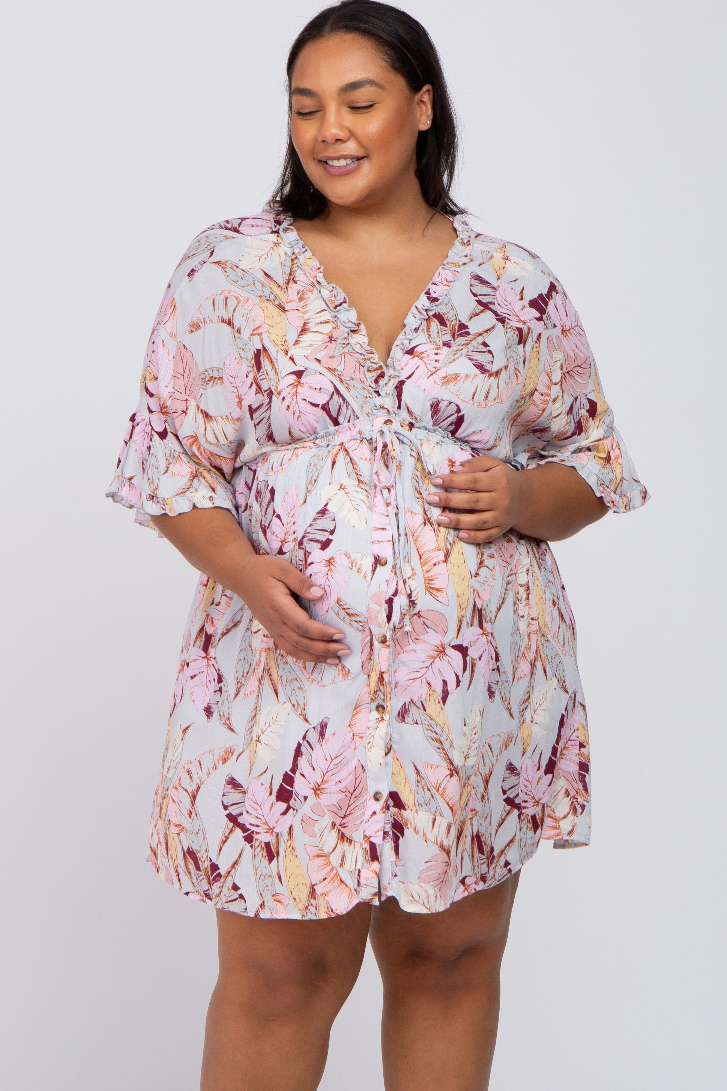 Grey Floral Button Down Ruffle Plus Maternity Dress sold by Pinkblush