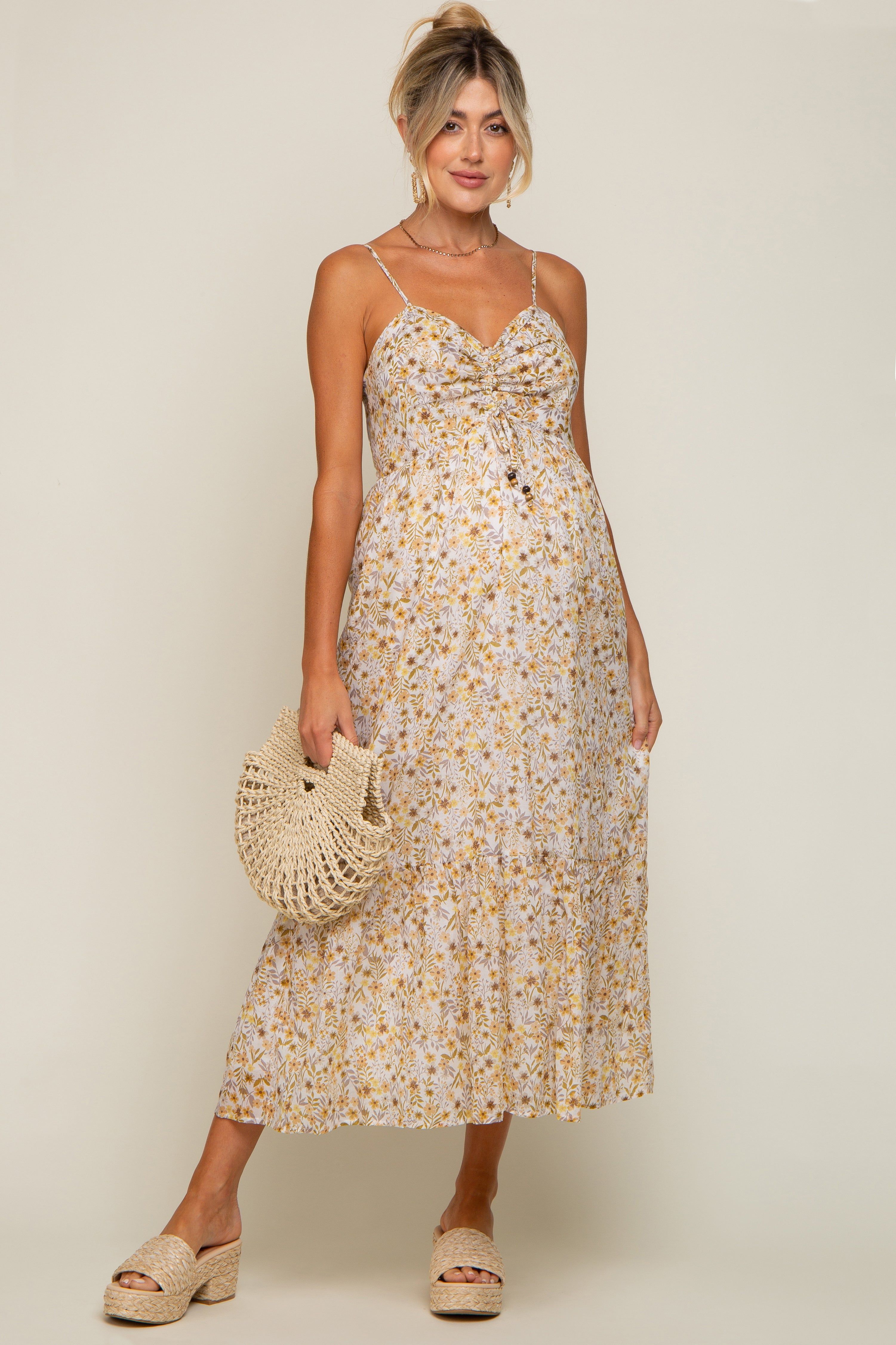 Cream Floral Cinched Top A-Line Maternity Maxi Dress sold by Pinkblush product image thumbnail 5
