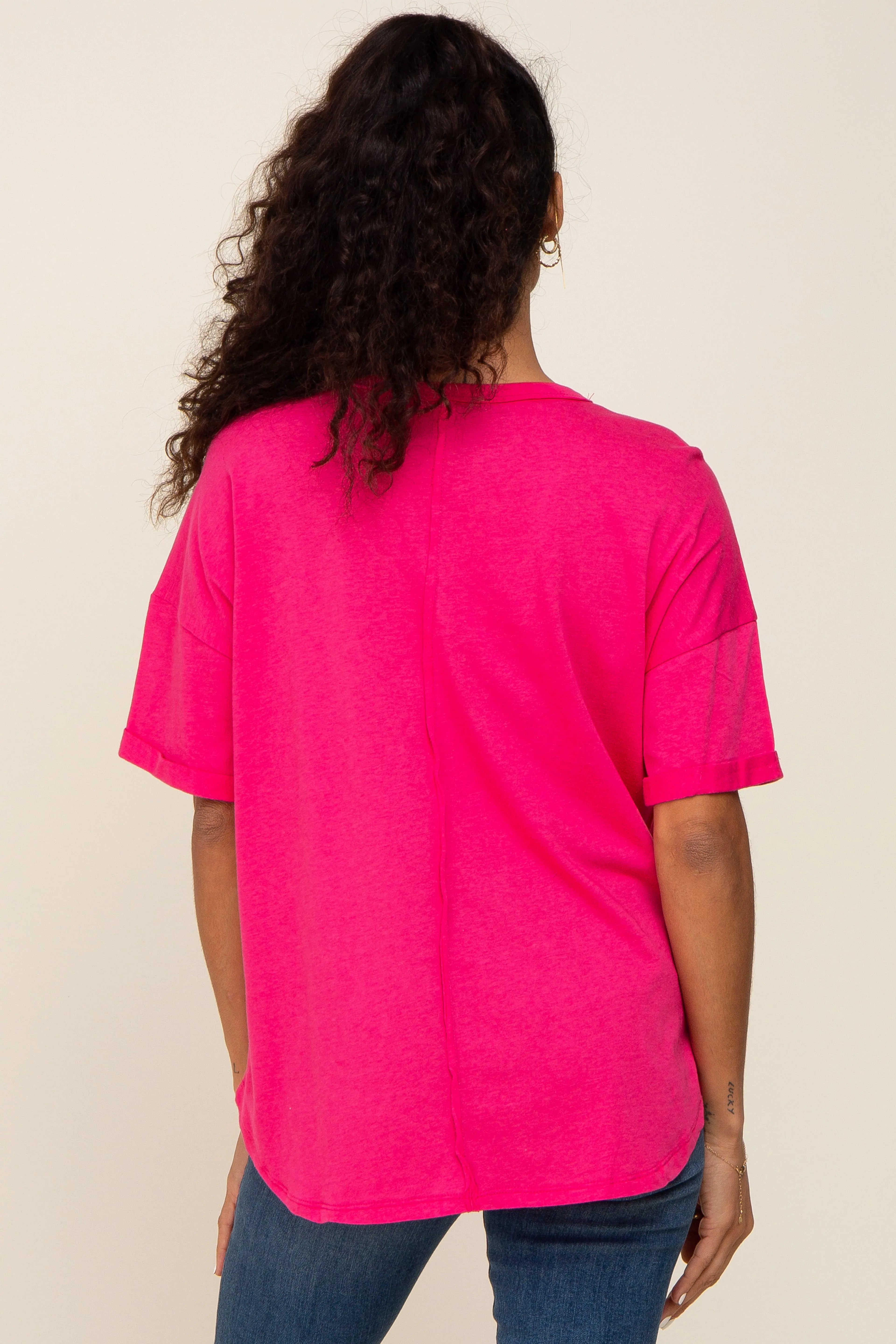 Fuchsia Oversized V-Neck Cuffed Short Sleeve Tee sold by Pinkblush product image thumbnail 3