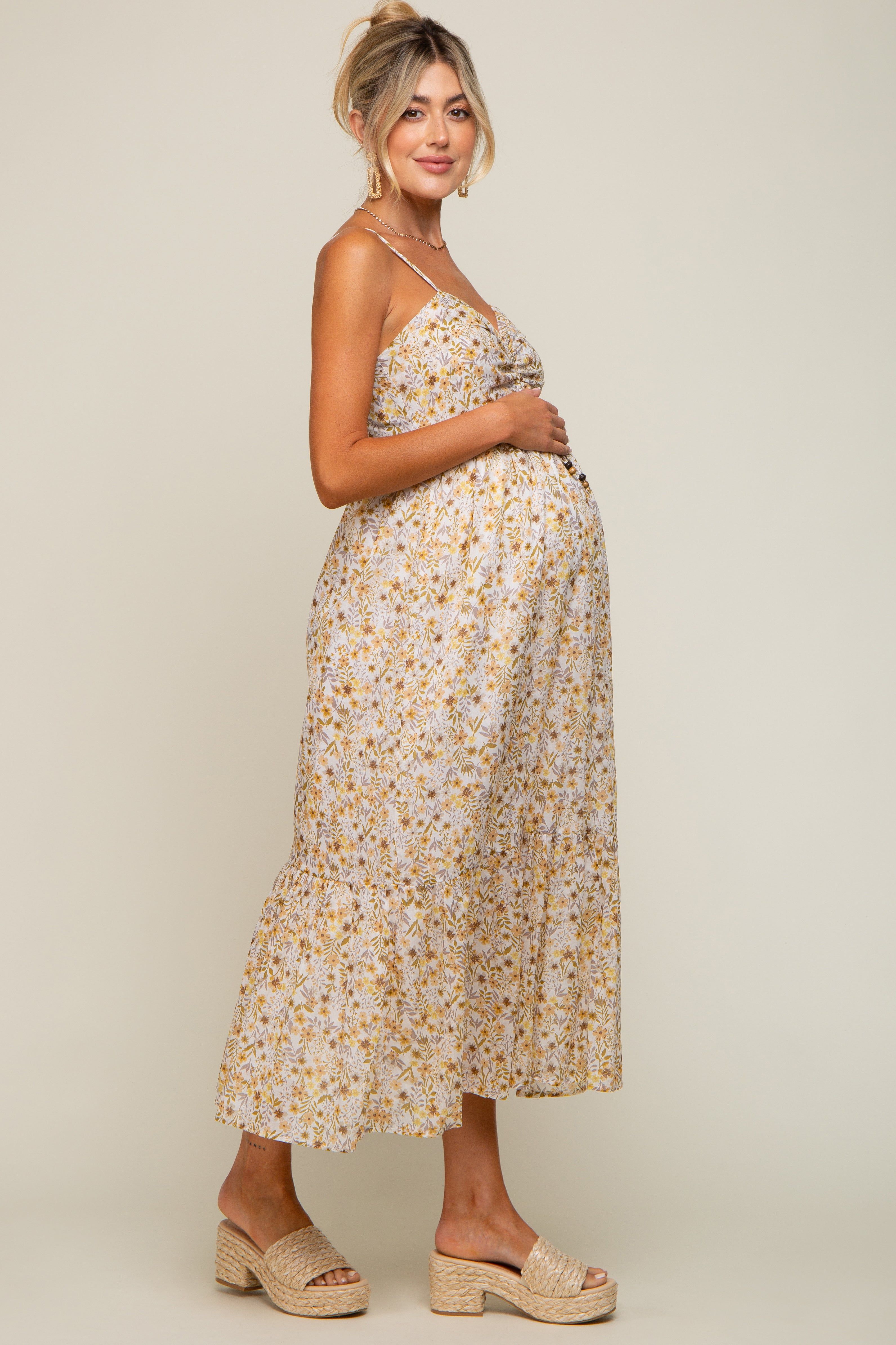 Cream Floral Cinched Top A-Line Maternity Maxi Dress sold by Pinkblush product image thumbnail 2