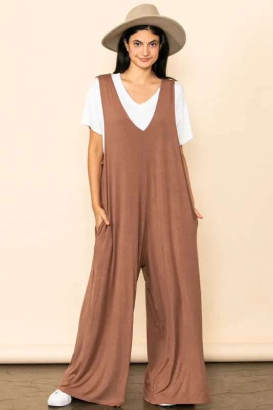 Mocha Deep V Sleeveless Wide Leg Jumpsuit sold by Pinkblush