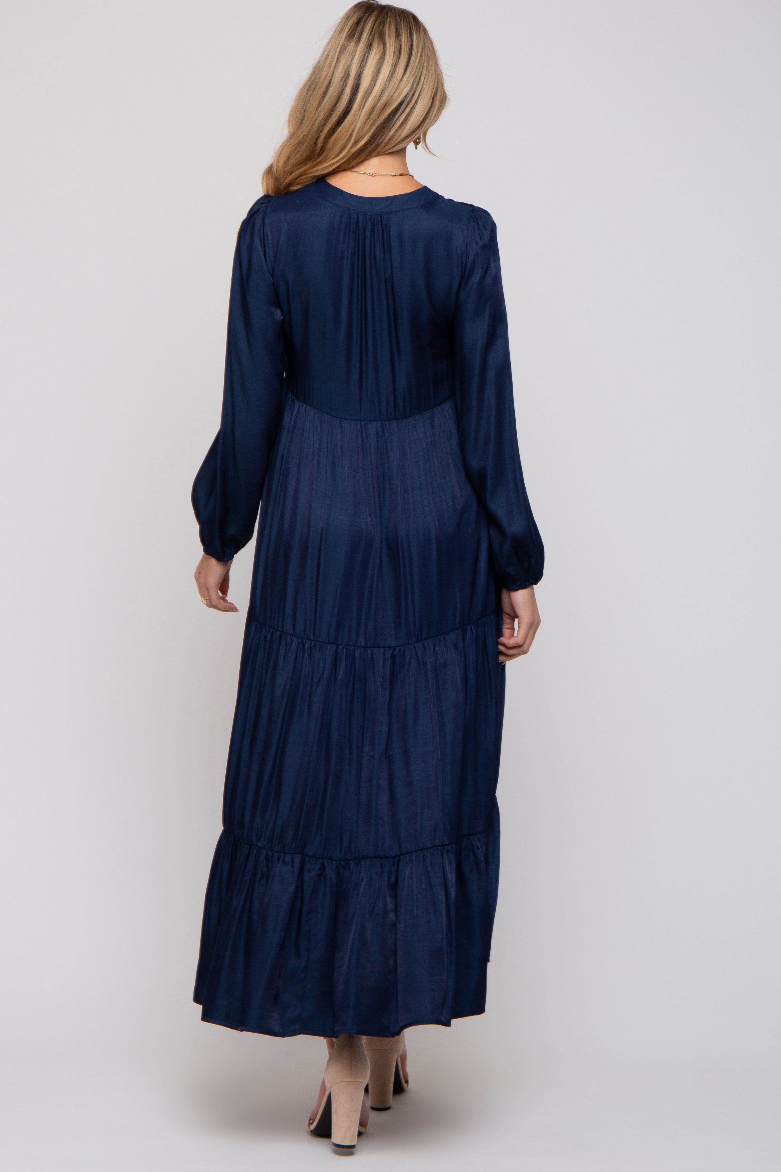 Navy Blue Satin Tiered Maternity Midi Dress sold by Pinkblush product image thumbnail 4