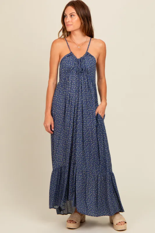 Blue Floral Tie Front Maxi Dress sold by Pinkblush