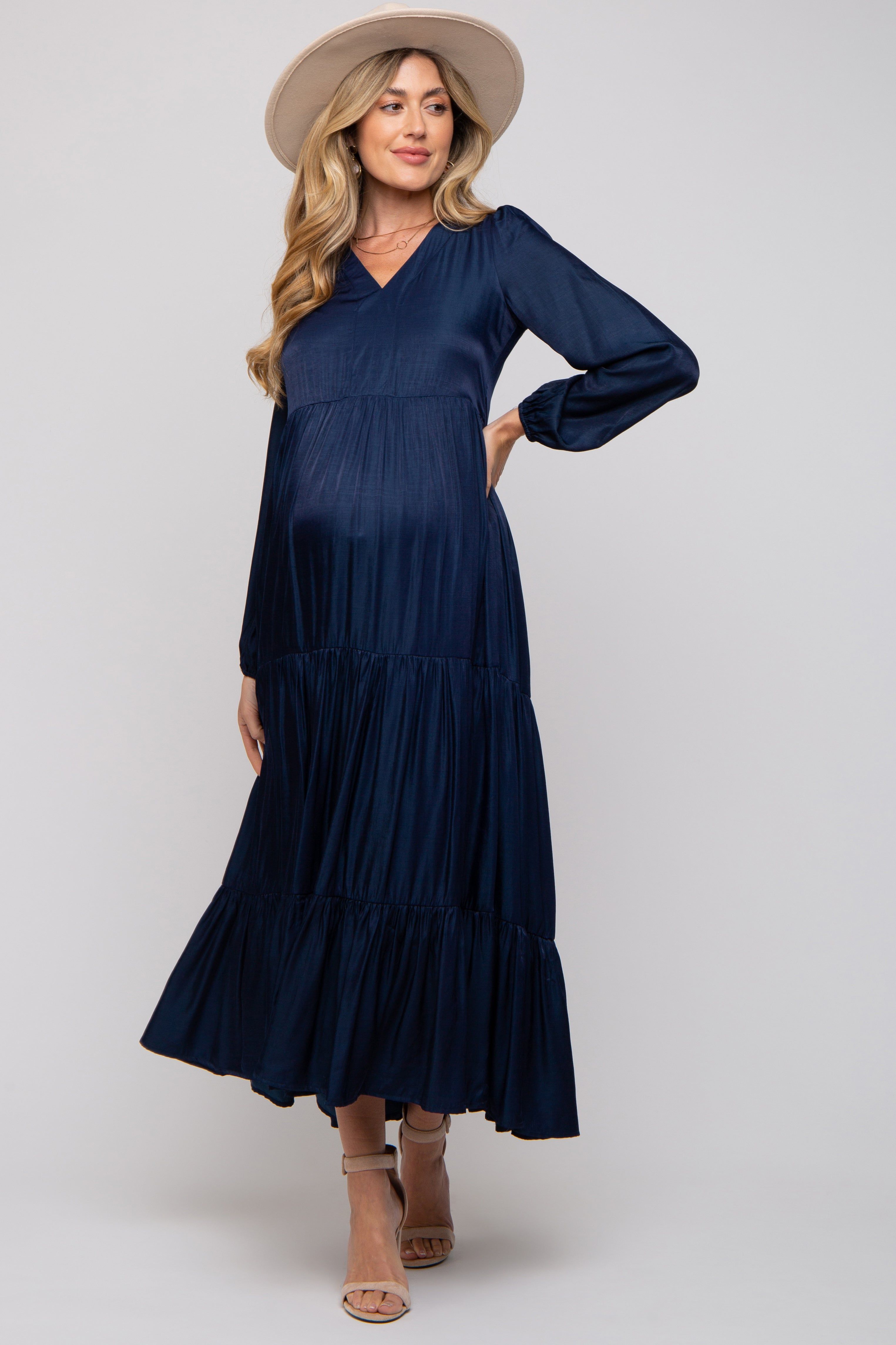 Navy Blue Satin Tiered Maternity Midi Dress sold by Pinkblush product image thumbnail 5
