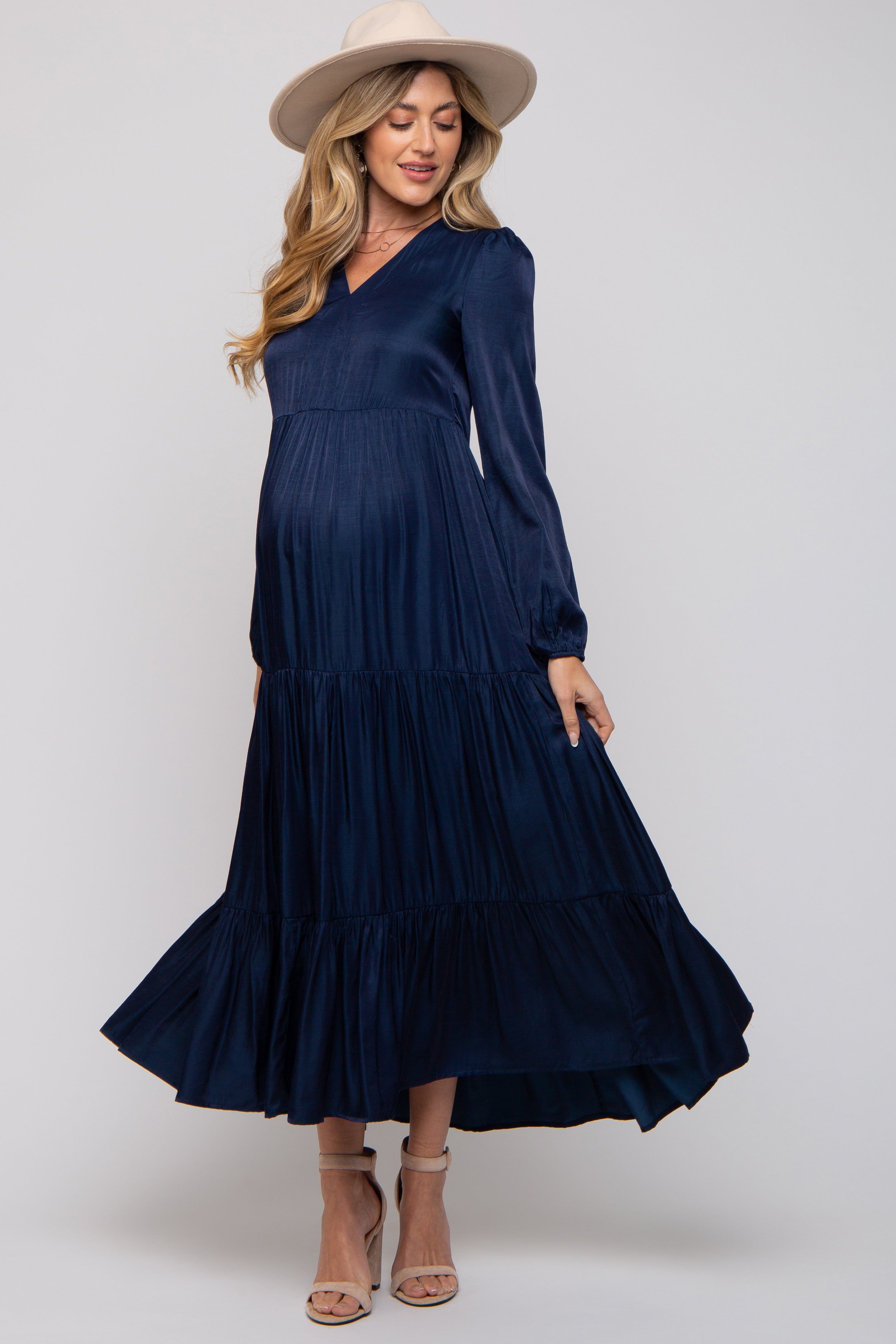 Navy Blue Satin Tiered Maternity Midi Dress sold by Pinkblush product image thumbnail 2