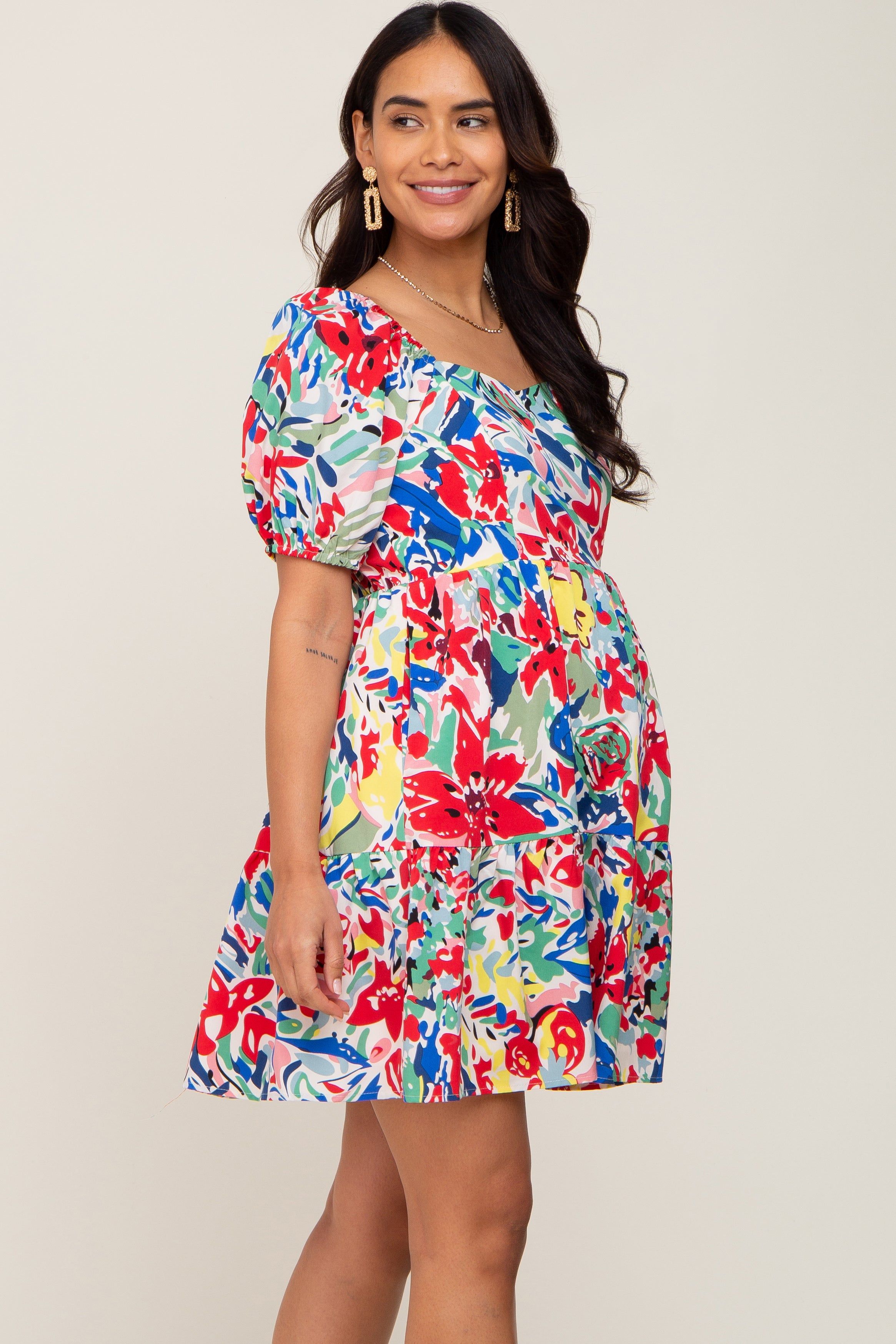 Red Floral Sweetheart Neck Short Puff Sleeve Maternity Dress sold by Pinkblush product image thumbnail 2