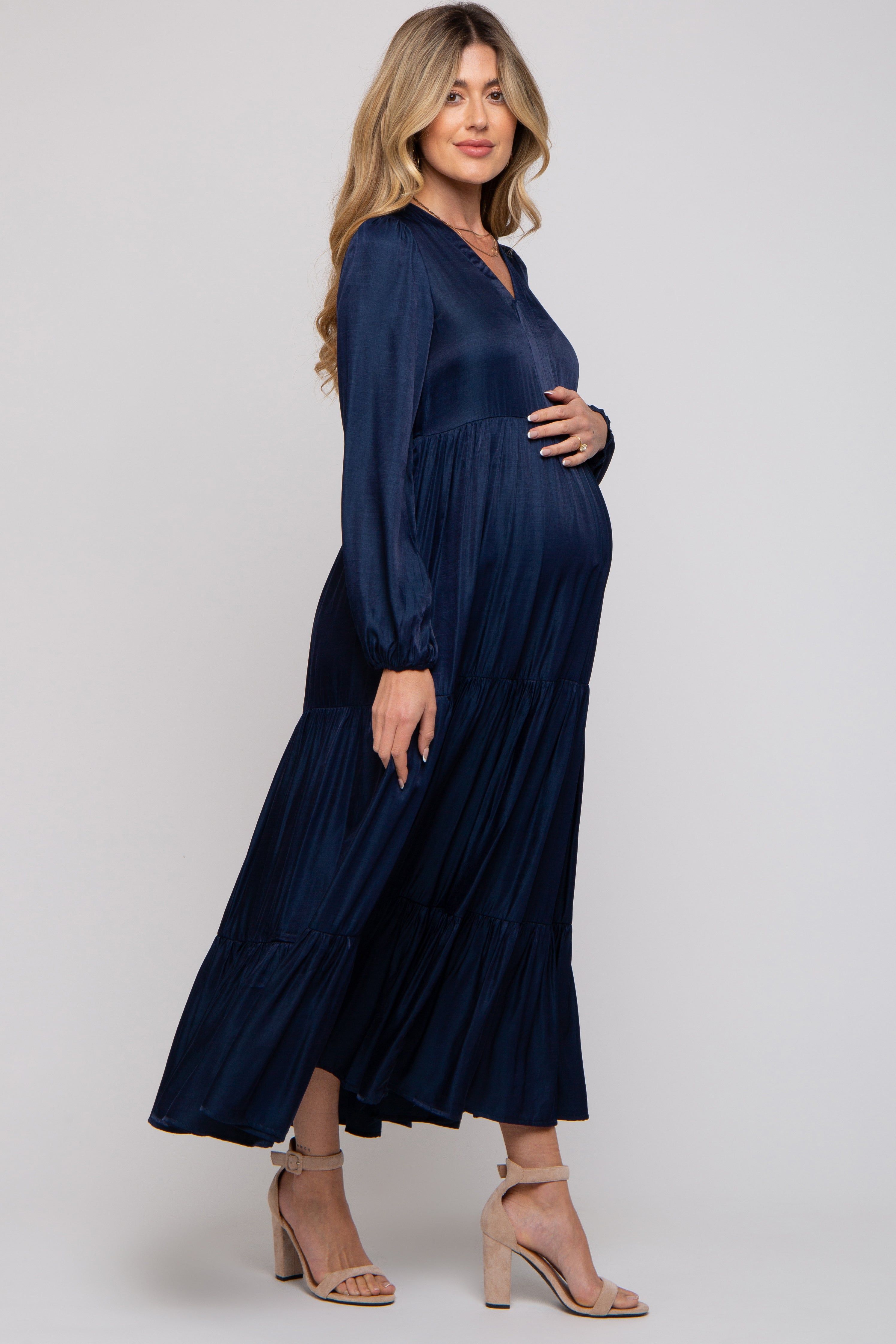 Navy Blue Satin Tiered Maternity Midi Dress sold by Pinkblush product image thumbnail 3