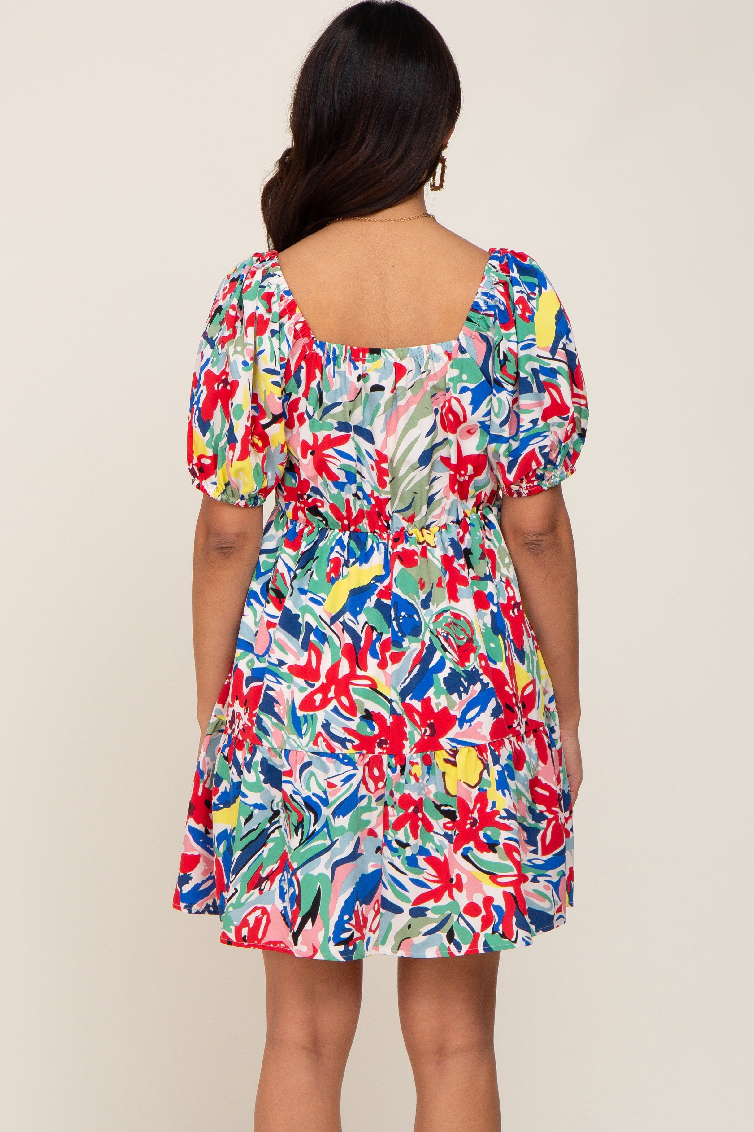 Red Floral Sweetheart Neck Short Puff Sleeve Maternity Dress sold by Pinkblush product image thumbnail 3