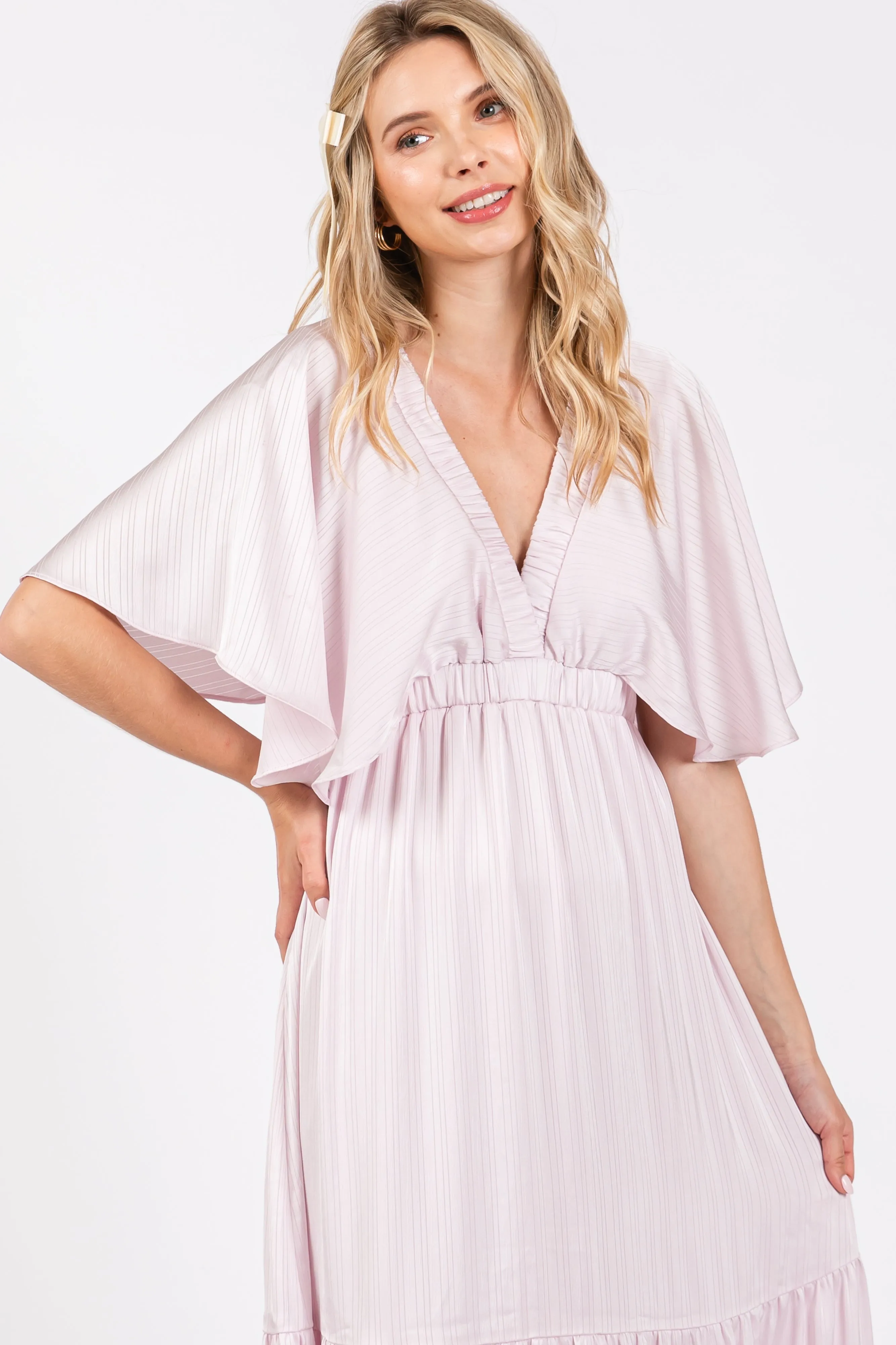 Light Pink V-Neck Flutter Sleeve Tiered Maxi Dress sold by Pinkblush product image thumbnail 4