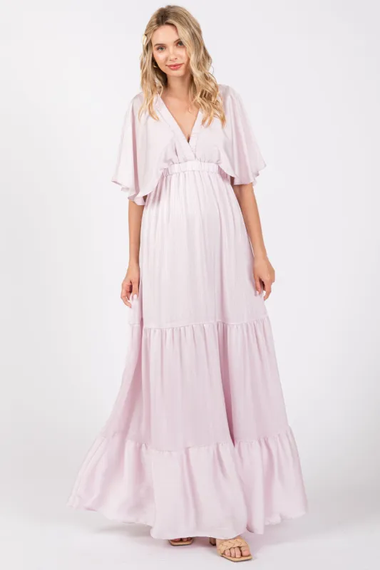 Light Pink V-Neck Flutter Sleeve Tiered Maxi Dress sold by Pinkblush